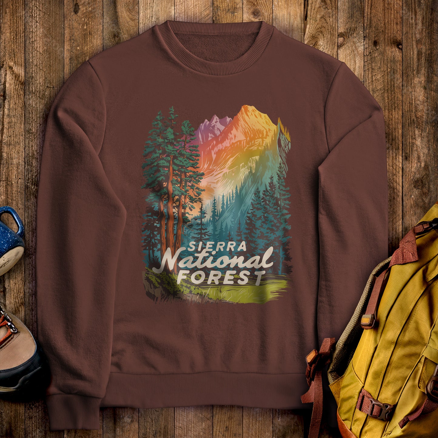 Sierra National Forest Crewneck Sweatshirt Cocoa Adventure and Outdoors Themed Sweatshirt