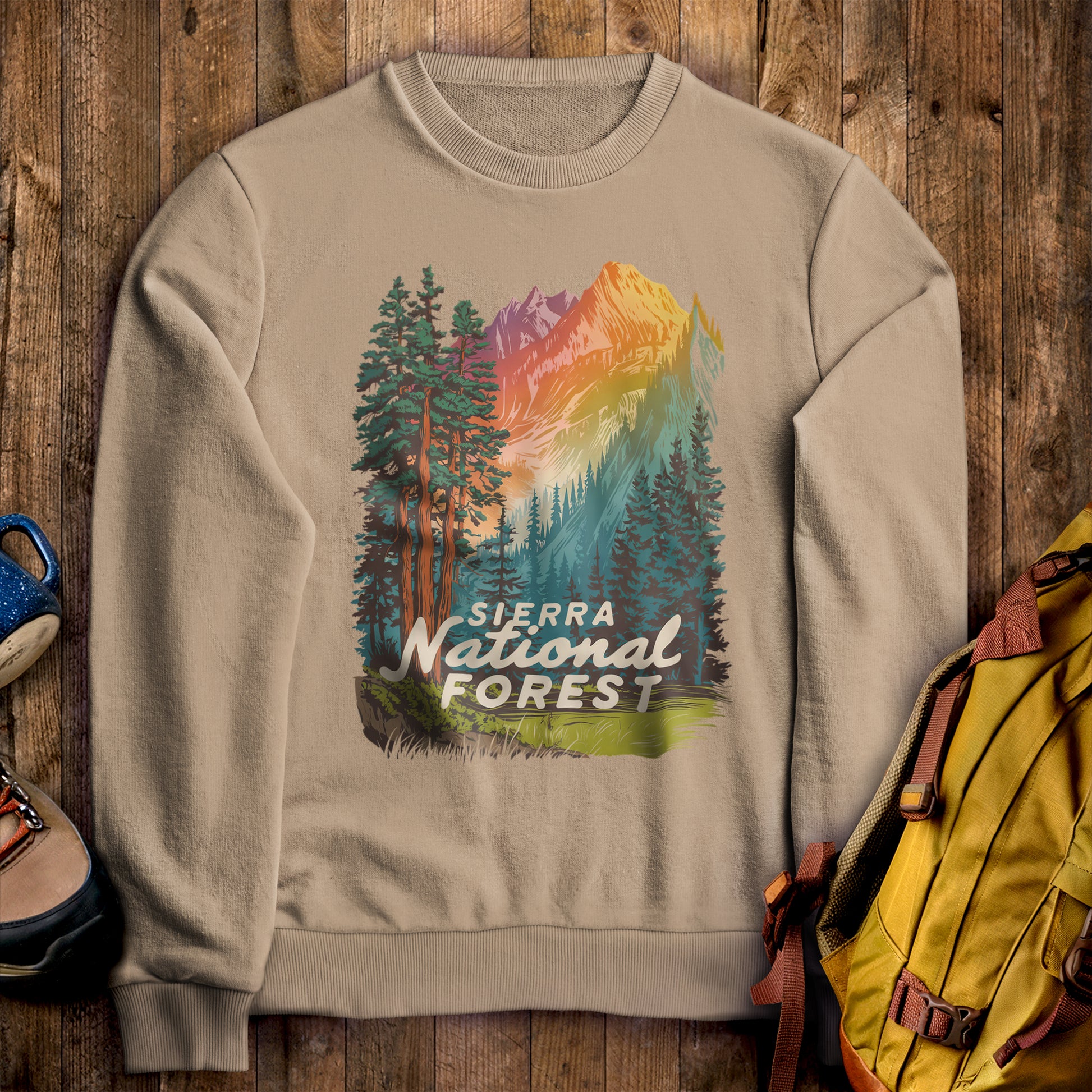 Sierra National Forest Crewneck Sweatshirt Sand Adventure and Outdoors Themed Sweatshirt