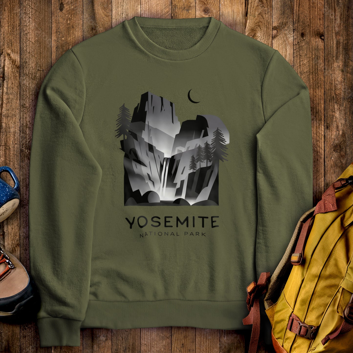 Yosemite National Park Noir Sweatshirt Military Green Adventure and Outdoors Themed Sweatshirt