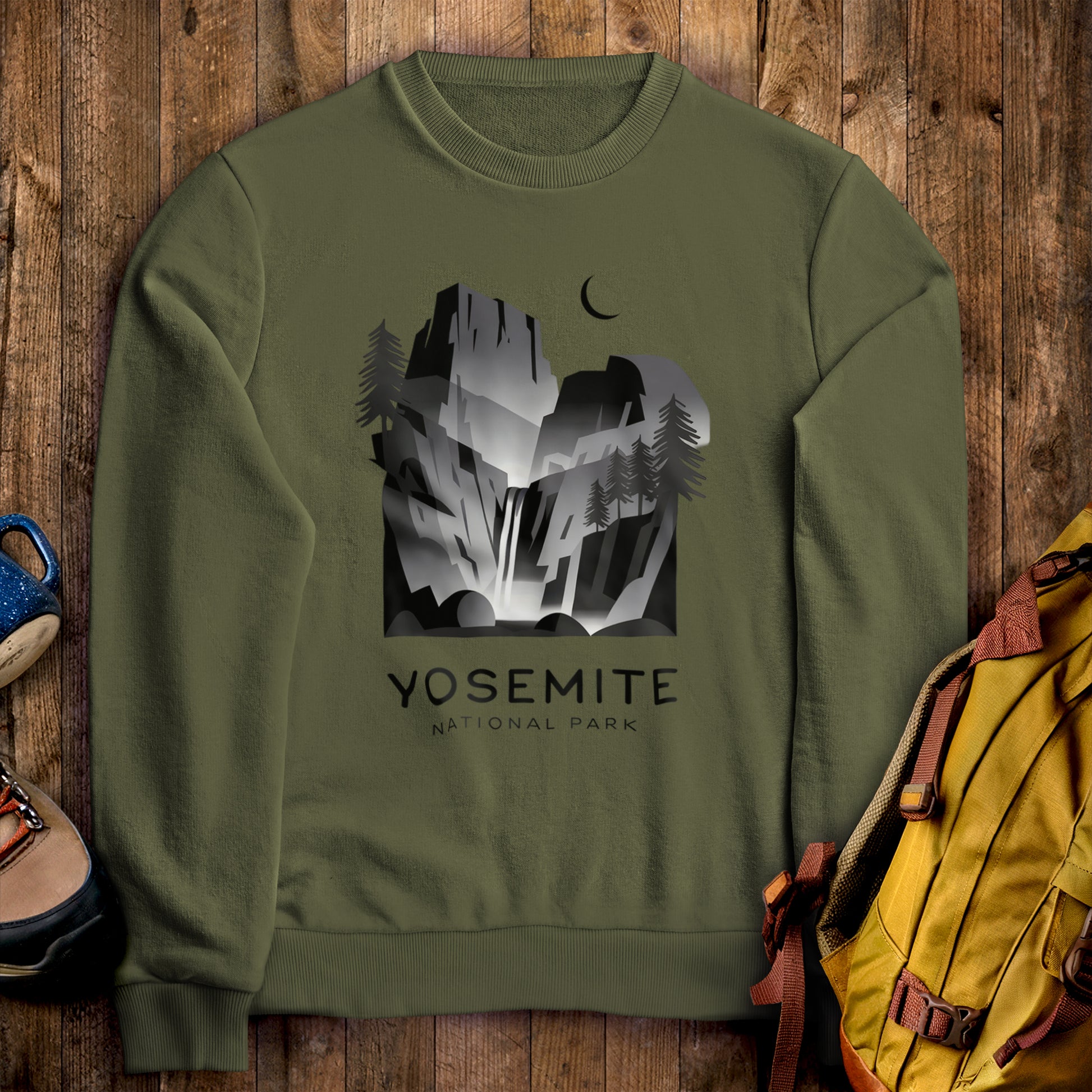Yosemite National Park Noir Sweatshirt Military Green Adventure and Outdoors Themed Sweatshirt