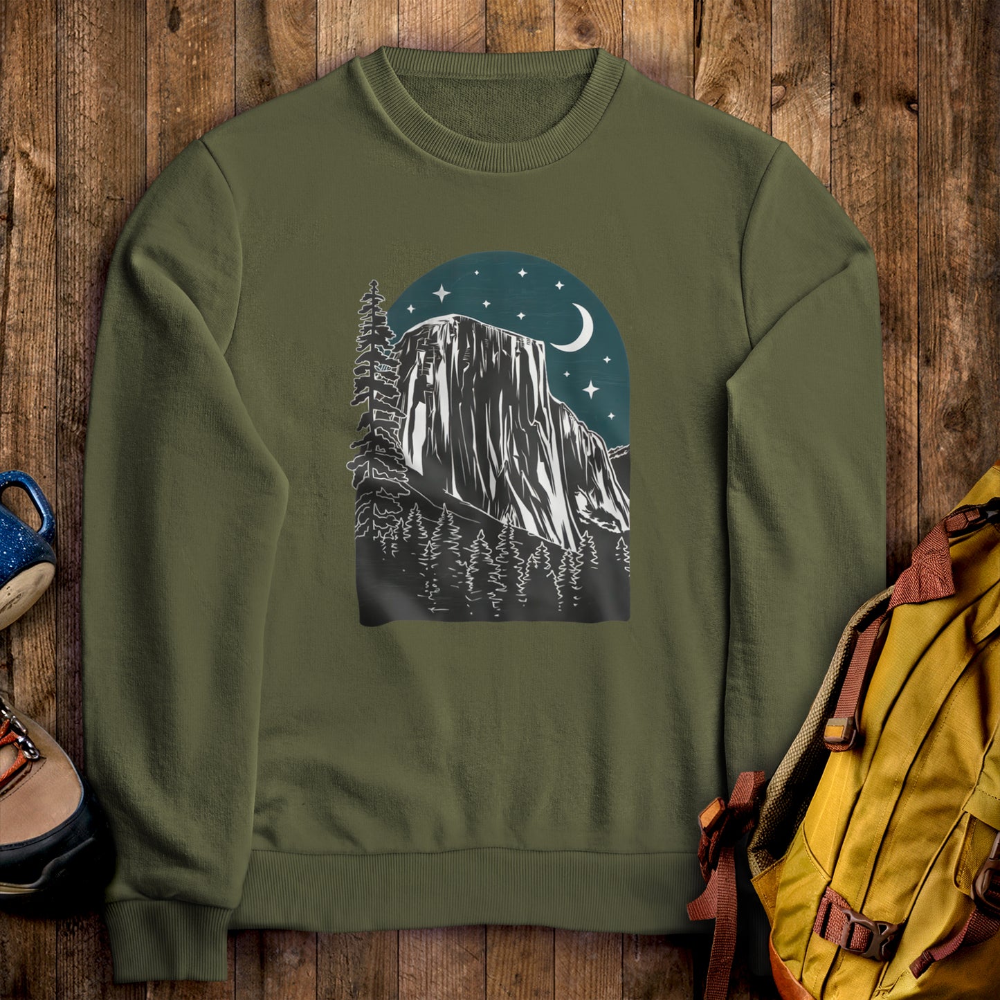 Yosemite at Night Crewneck Sweatshirt Military Green Adventure and Outdoors Themed Sweatshirt
