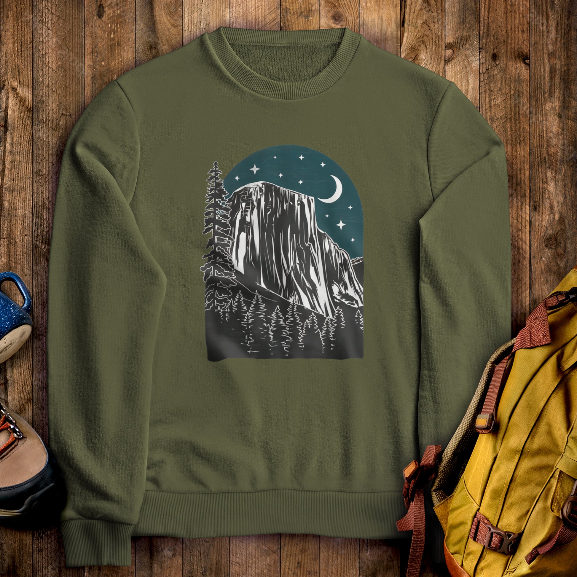 Yosemite at Night Crewneck Sweatshirt Military Green Adventure and Outdoors Themed Sweatshirt