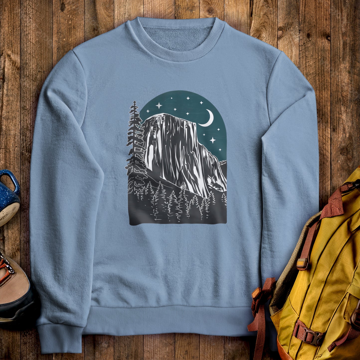 Yosemite at Night Crewneck Sweatshirt Stone Blue Adventure and Outdoors Themed Sweatshirt