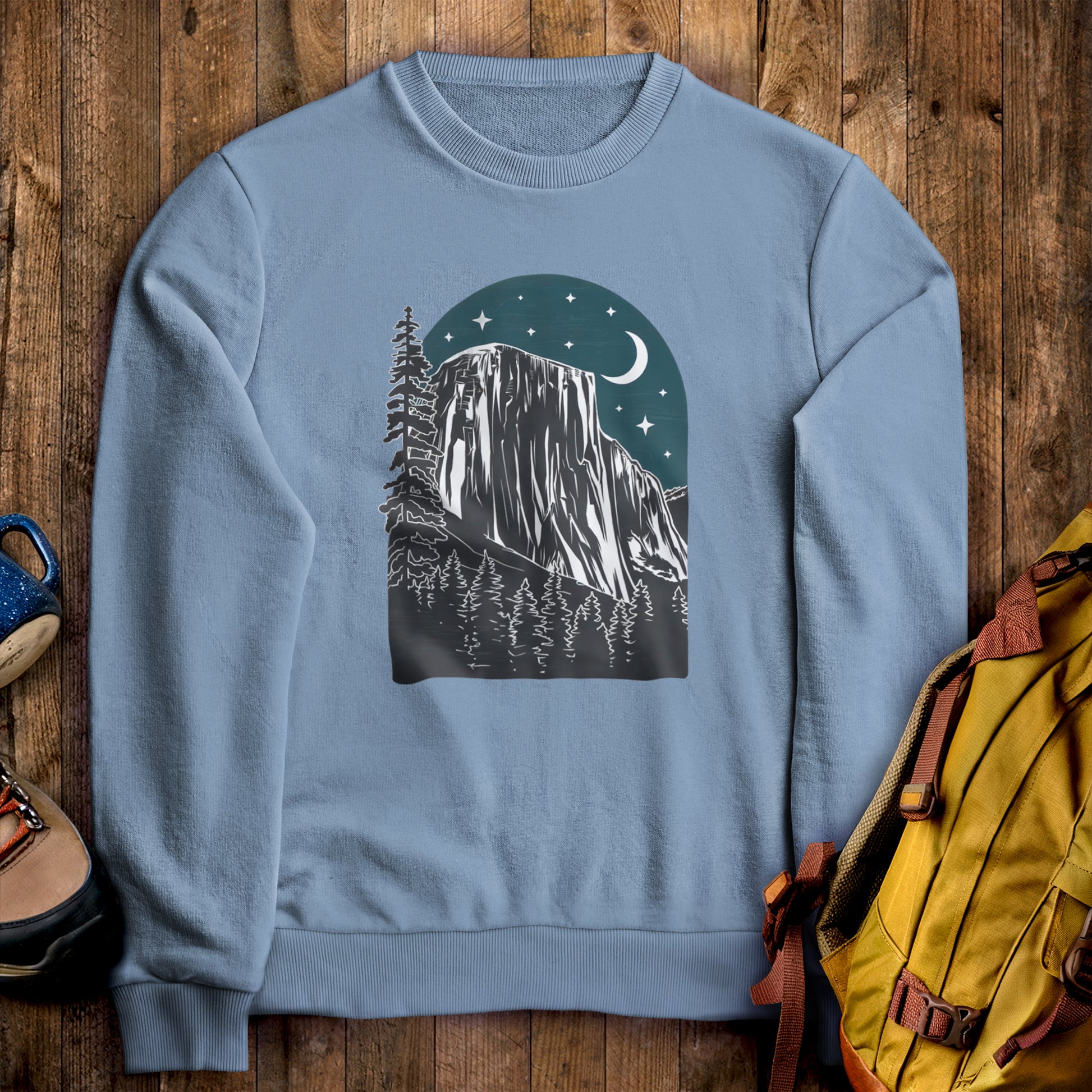 Yosemite at Night Crewneck Sweatshirt Stone Blue Adventure and Outdoors Themed Sweatshirt