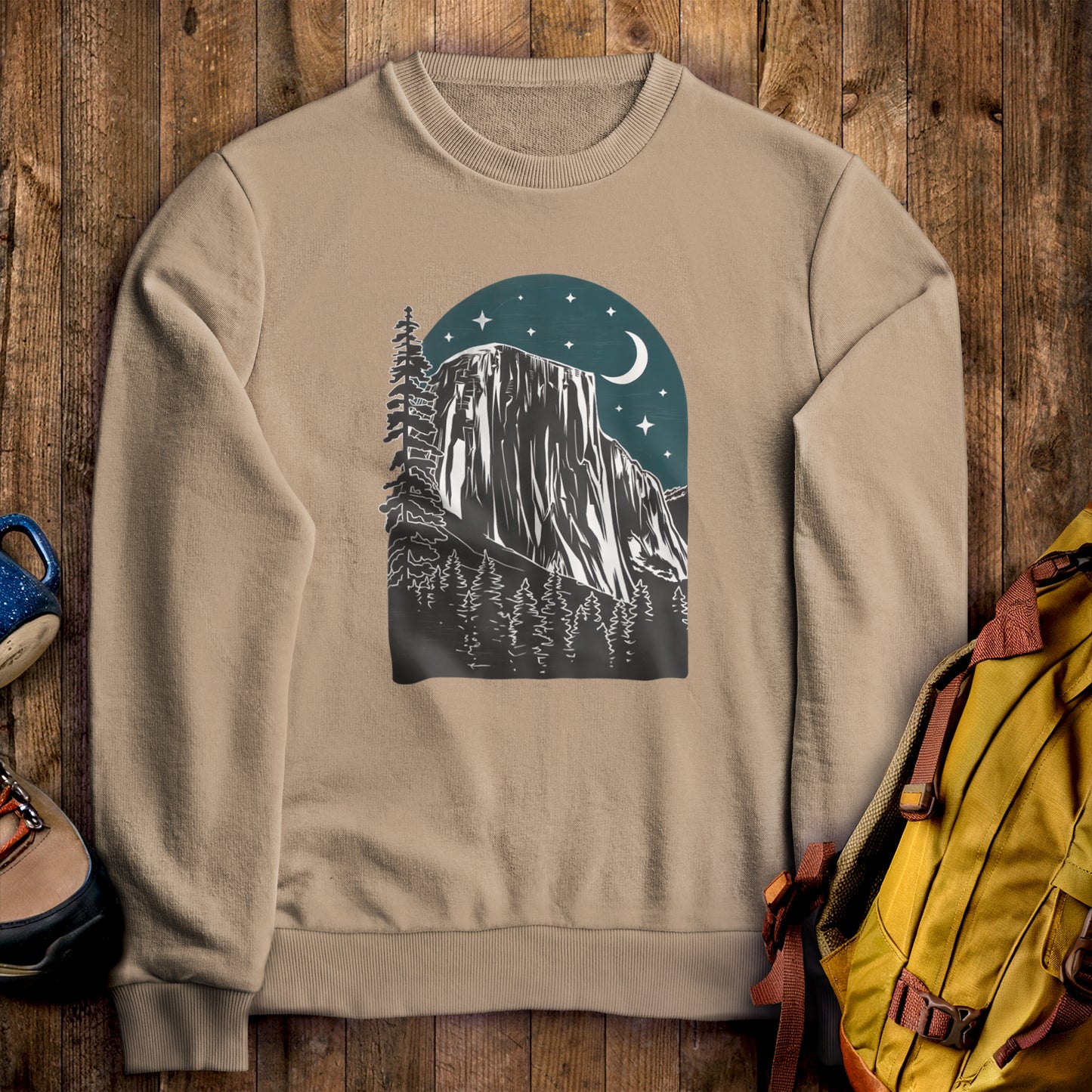 Yosemite at Night Crewneck Sweatshirt Sand Adventure and Outdoors Themed Sweatshirt