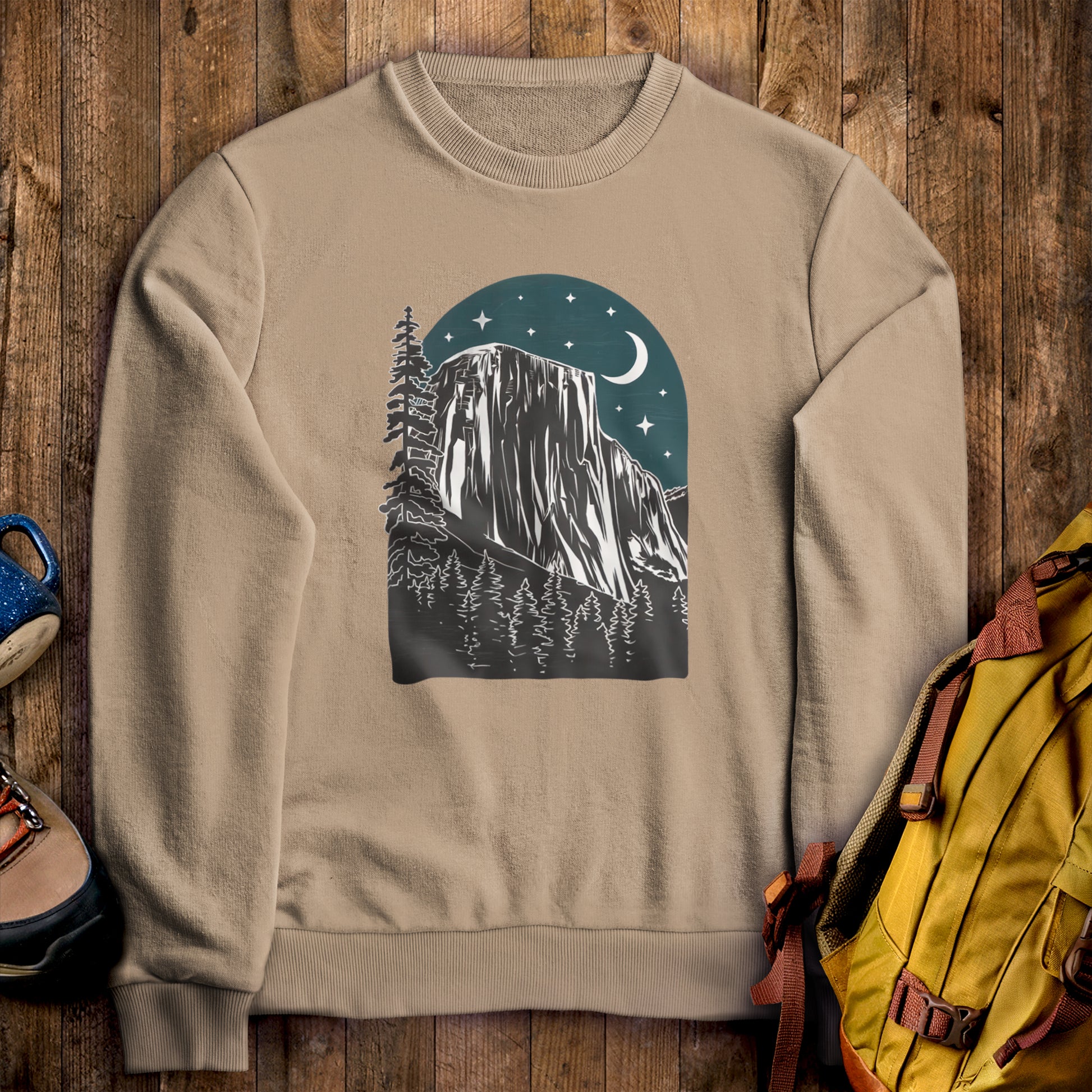Yosemite at Night Crewneck Sweatshirt Sand Adventure and Outdoors Themed Sweatshirt