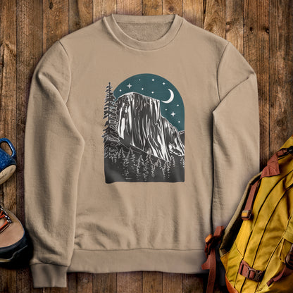 Yosemite at Night Crewneck Sweatshirt Sand Adventure and Outdoors Themed Sweatshirt