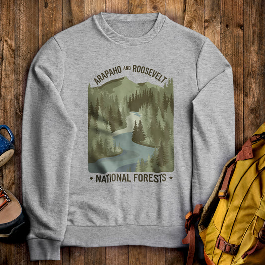 Arapaho and Roosevelt National Forests Crewneck Sweatshirt Sport Grey Adventure and Outdoors Themed Sweatshirt