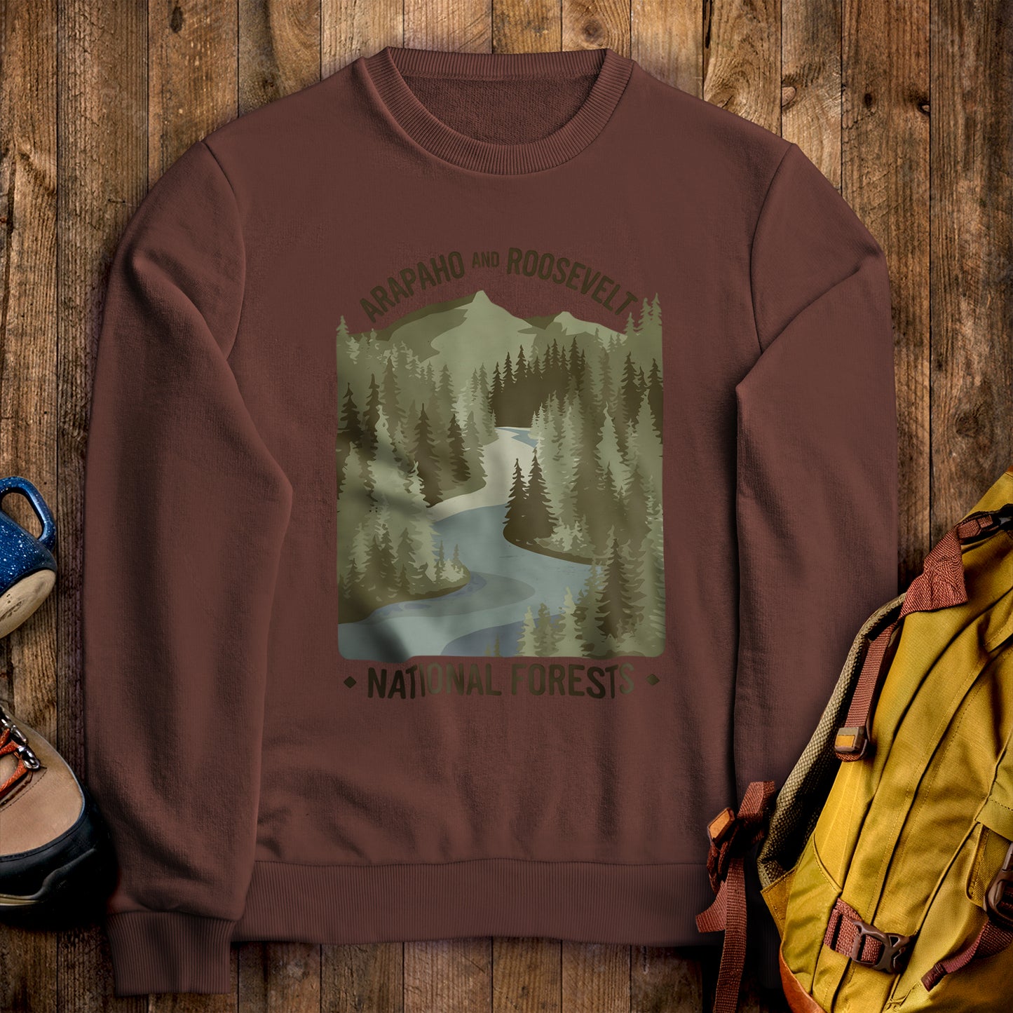 Arapaho and Roosevelt National Forests Crewneck Sweatshirt Cocoa Adventure and Outdoors Themed Sweatshirt