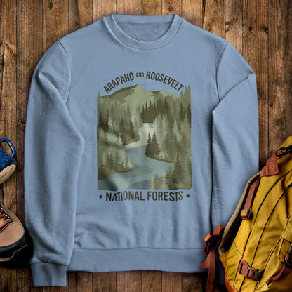 Arapaho and Roosevelt National Forests Crewneck Sweatshirt Stone Blue Adventure and Outdoors Themed Sweatshirt