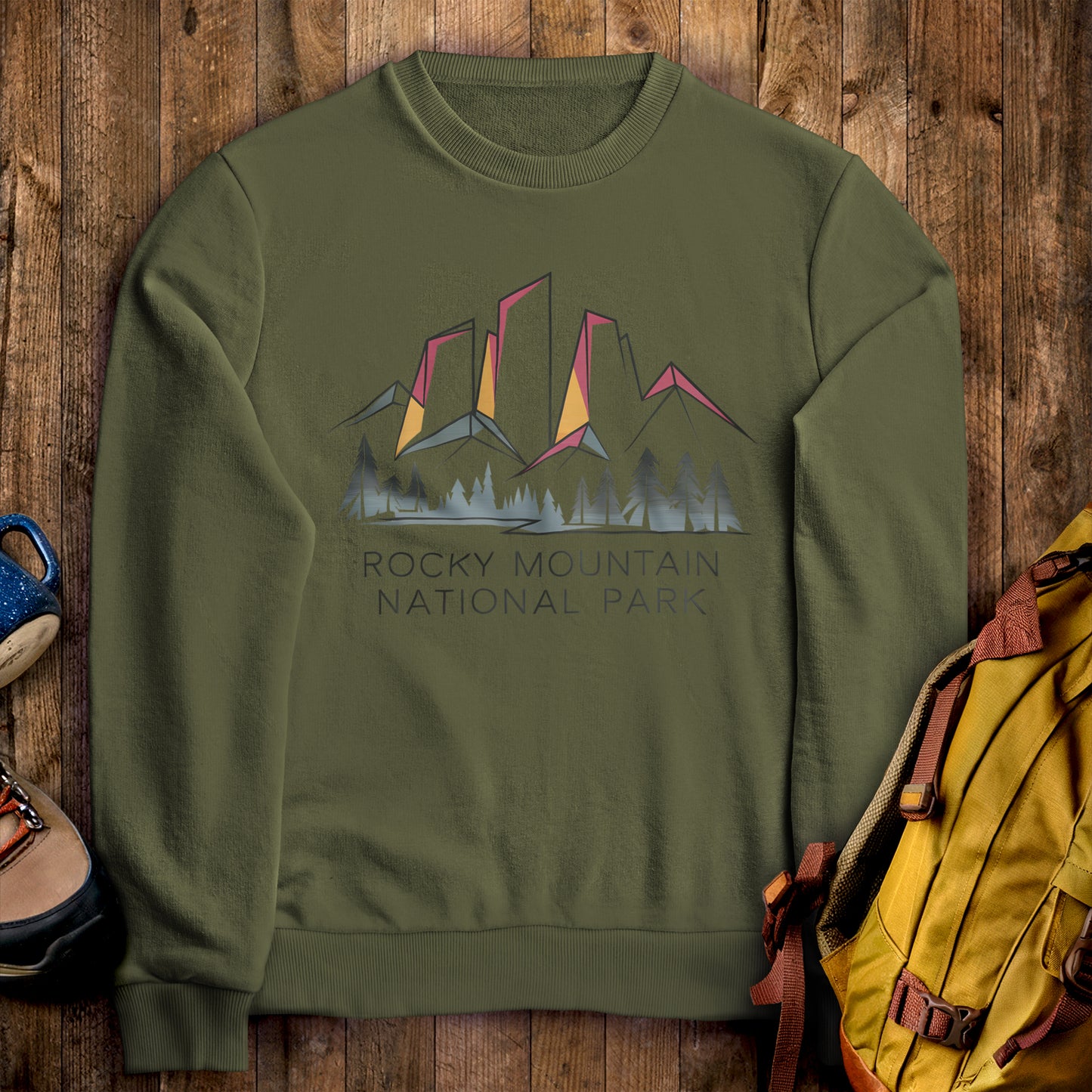 Rocky Mountain National Park Crewneck Sweatshirt Military Green Adventure and Outdoors Themed Sweatshirt