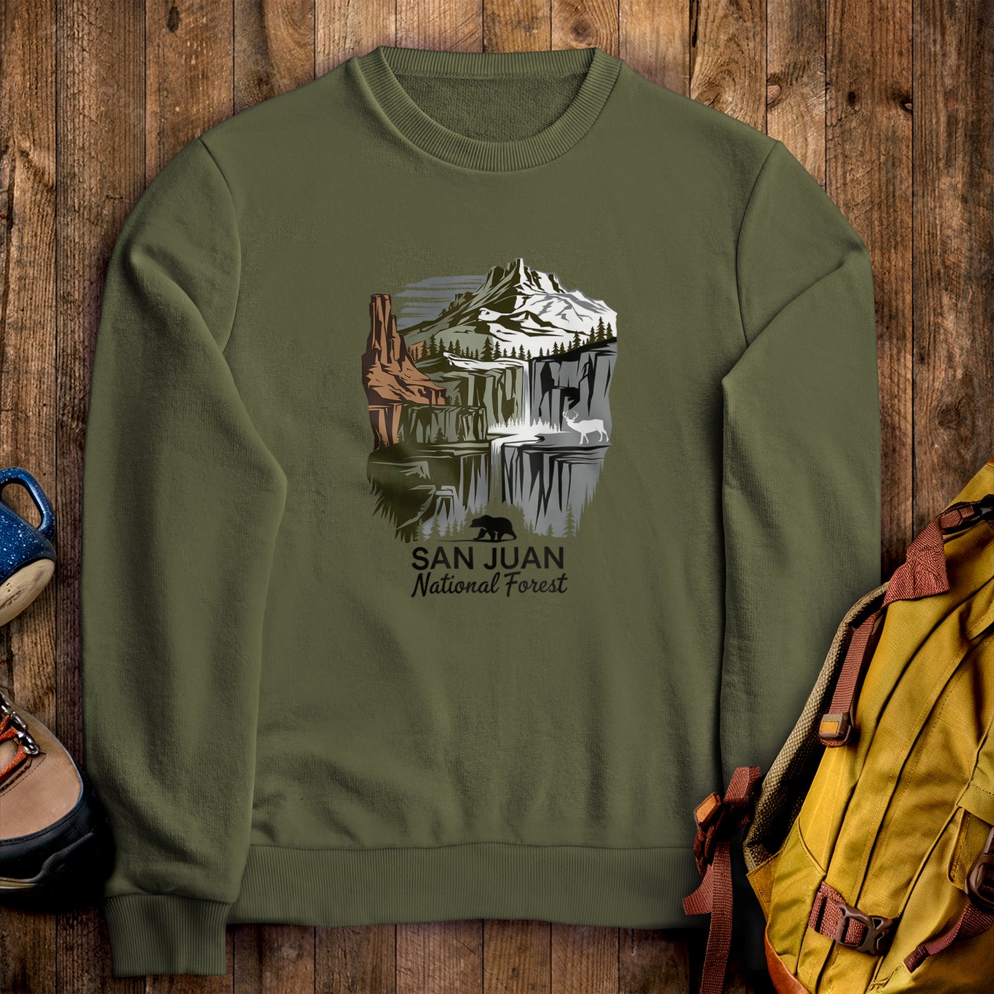 San Juan National Forest Crewneck Sweatshirt Military Green Adventure and Outdoors Themed Sweatshirt