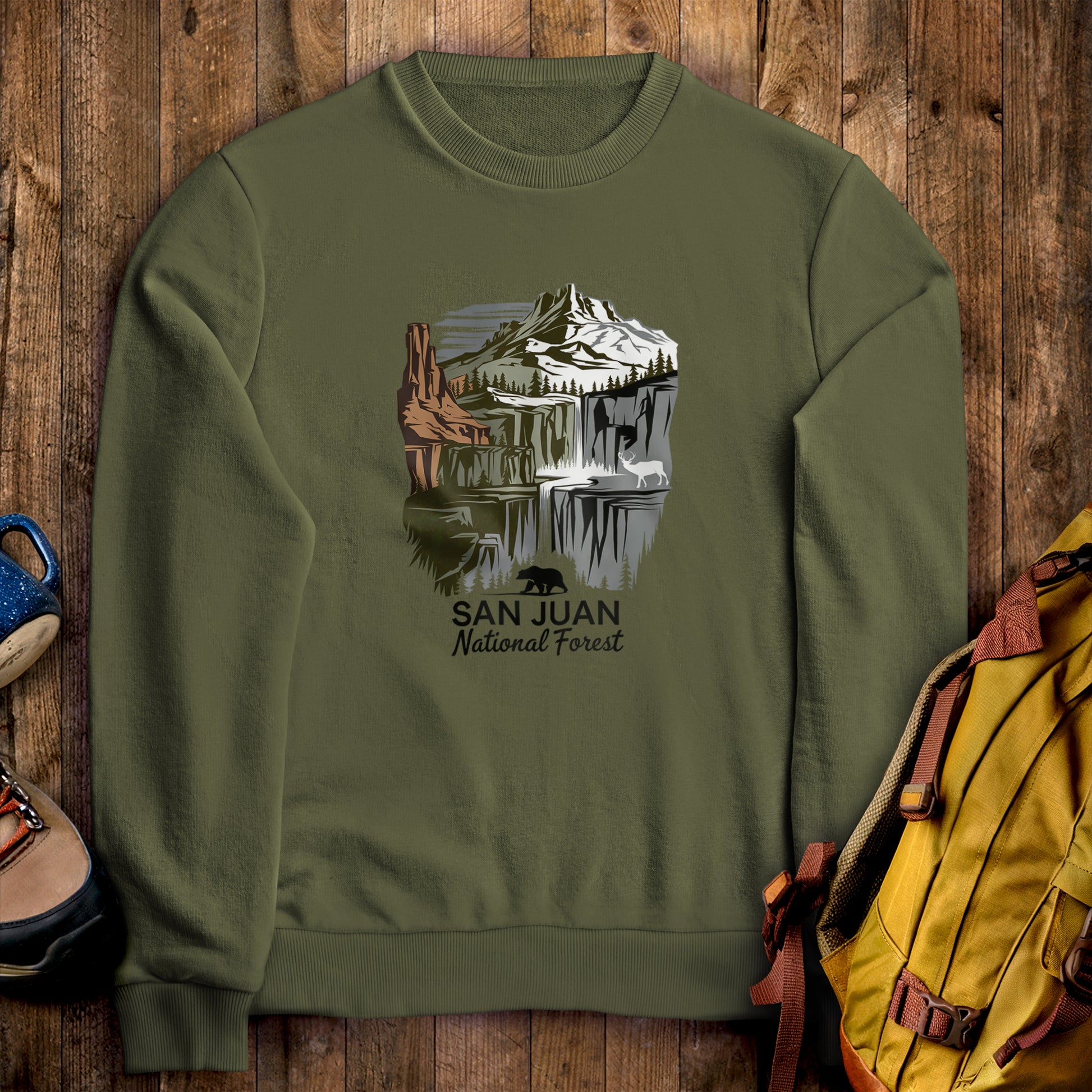 San Juan National Forest Crewneck Sweatshirt Military Green Adventure and Outdoors Themed Sweatshirt