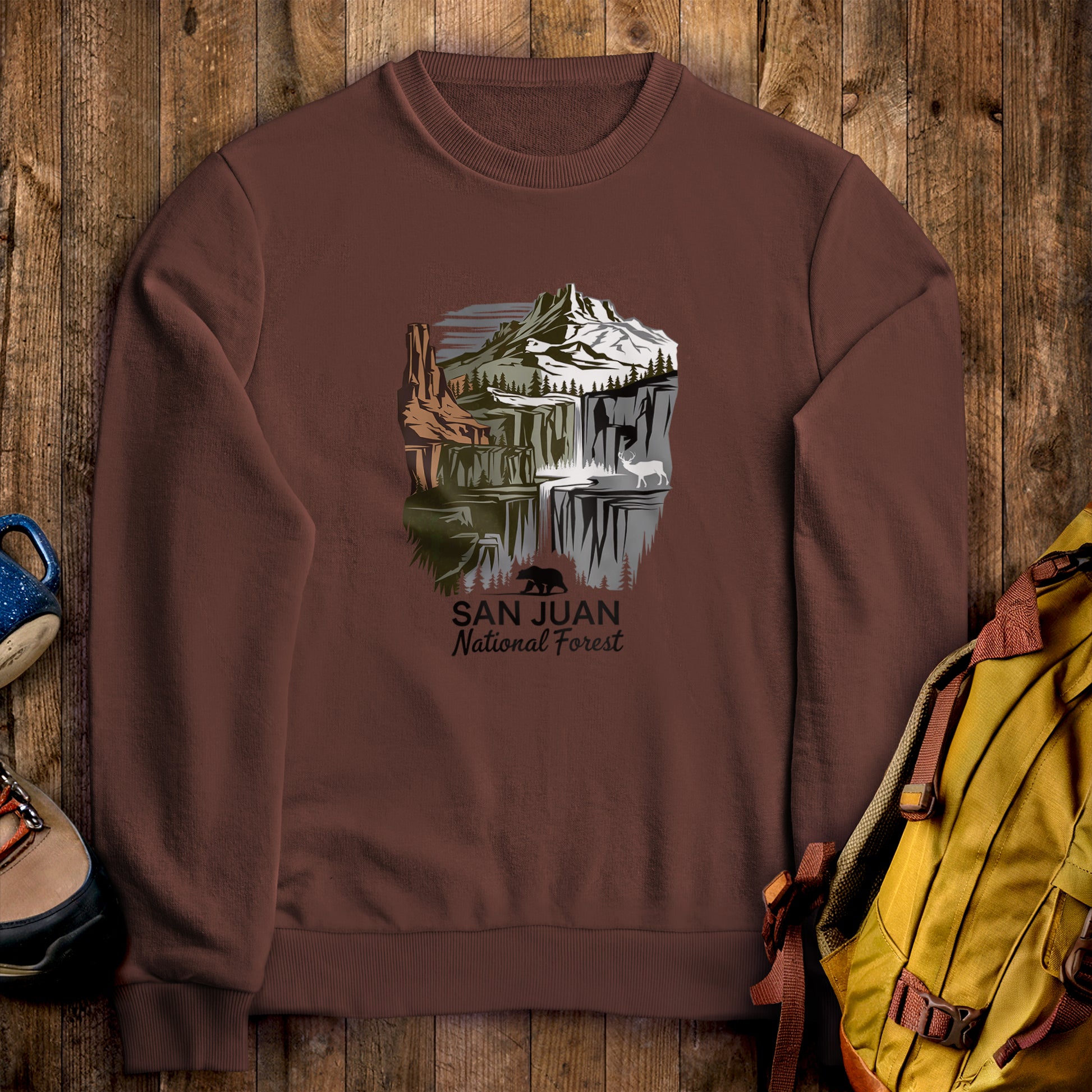 San Juan National Forest Crewneck Sweatshirt Cocoa Adventure and Outdoors Themed Sweatshirt
