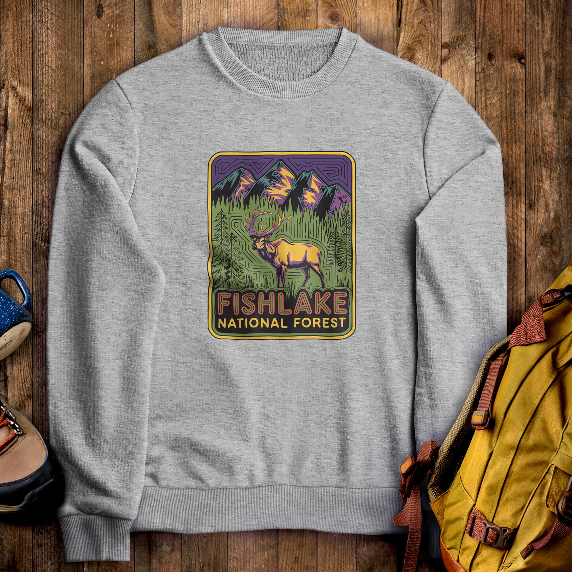 Fishlake National Forest Elk Crewneck Sweatshirt Sport Grey Adventure and Outdoors Themed Sweatshirt