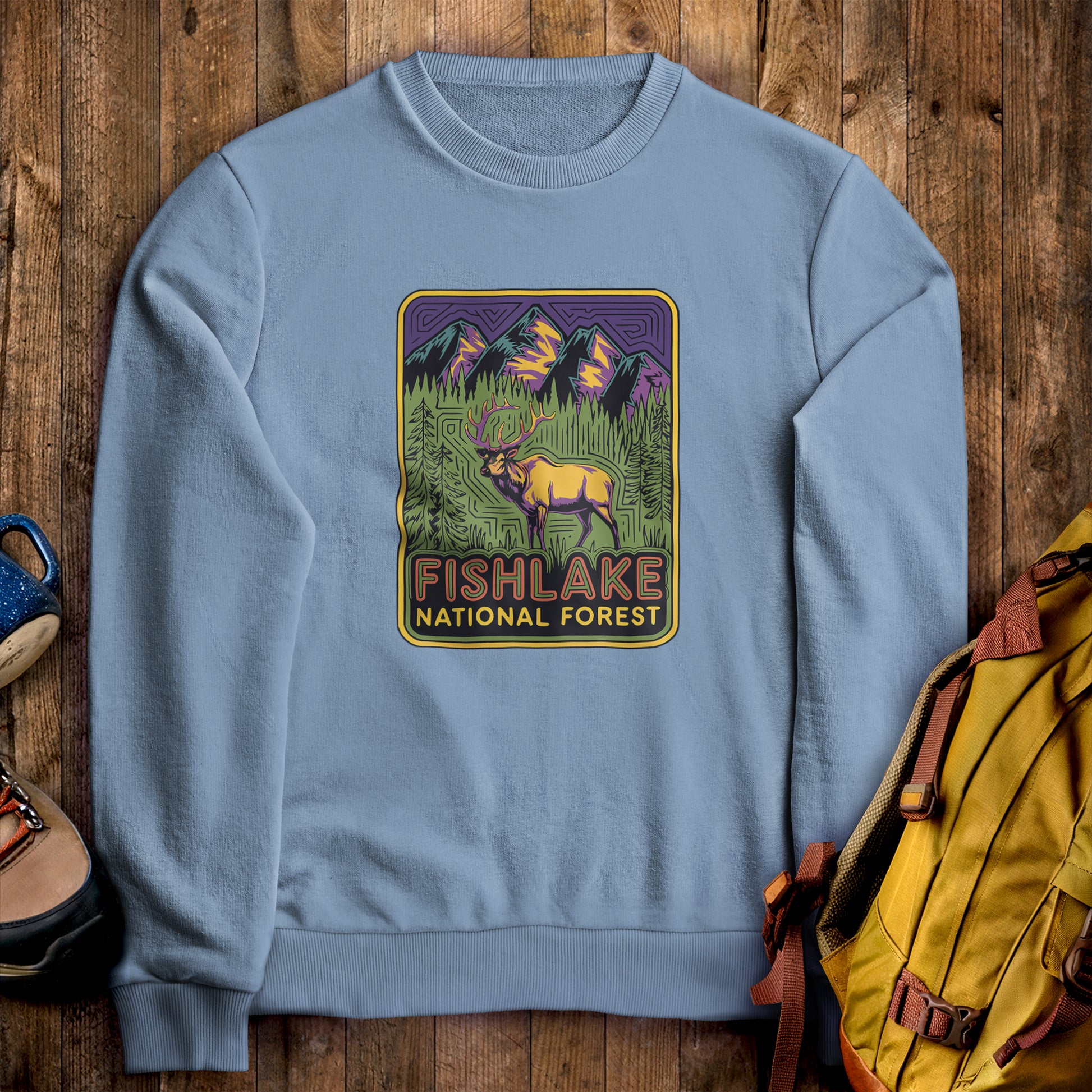 Fishlake National Forest Elk Crewneck Sweatshirt Stone Blue Adventure and Outdoors Themed Sweatshirt