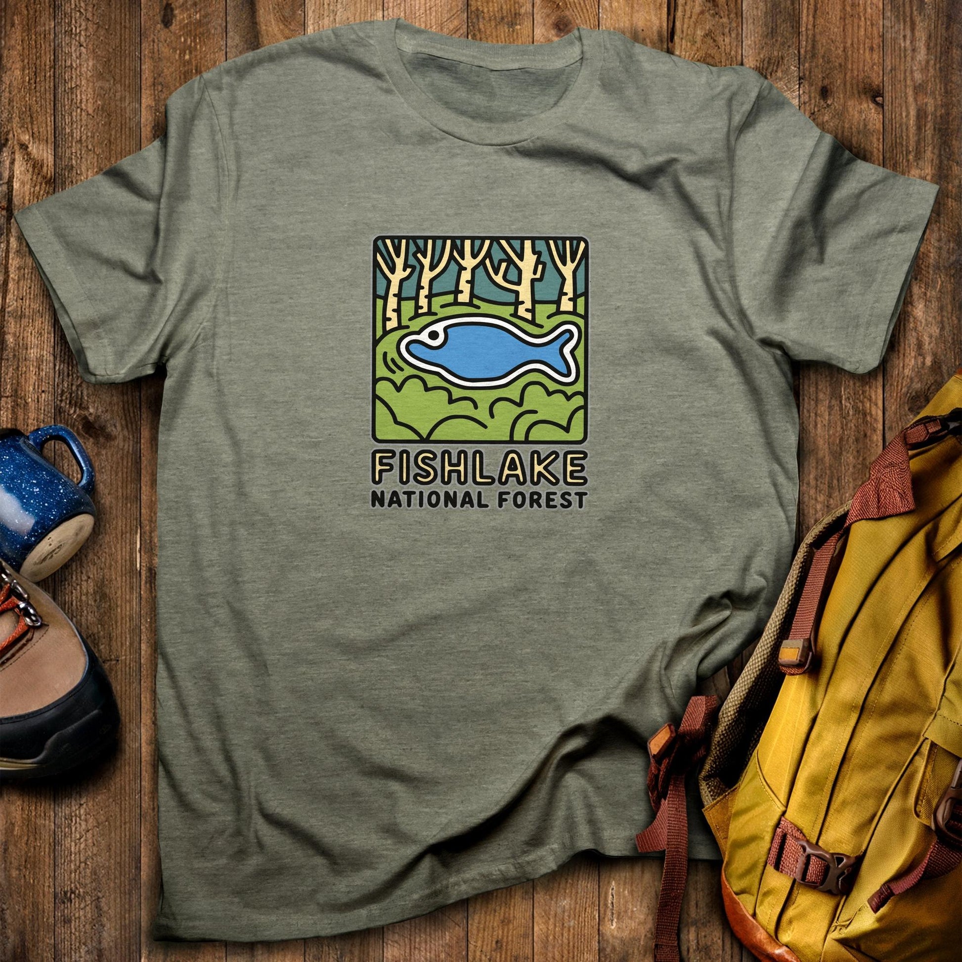 Fishlake National Forest T-Shirt Heather Military Green Adventure and Outdoors Themed T-Shirt