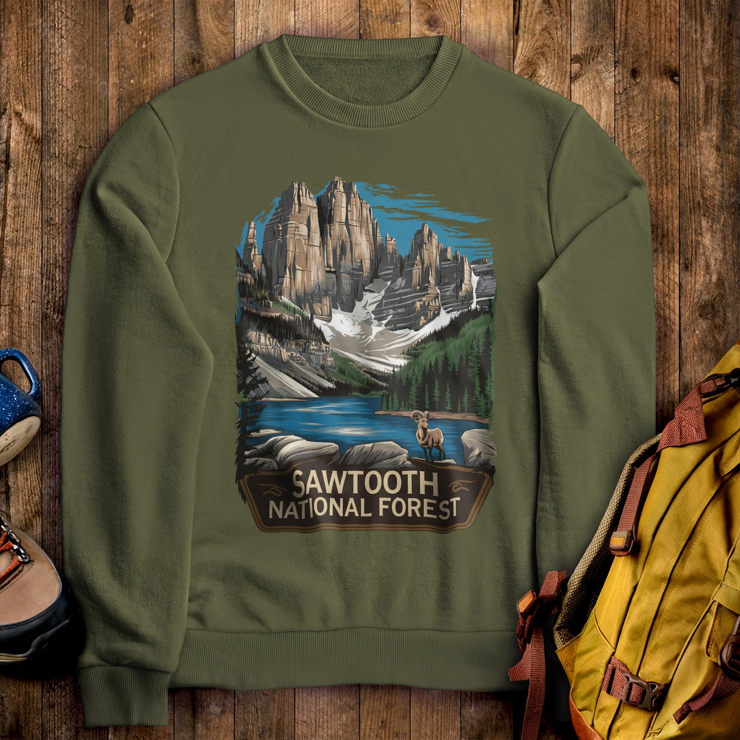 Sawtooth National Forest Crewneck Sweatshirt Military Green Adventure and Outdoors Themed Sweatshirt