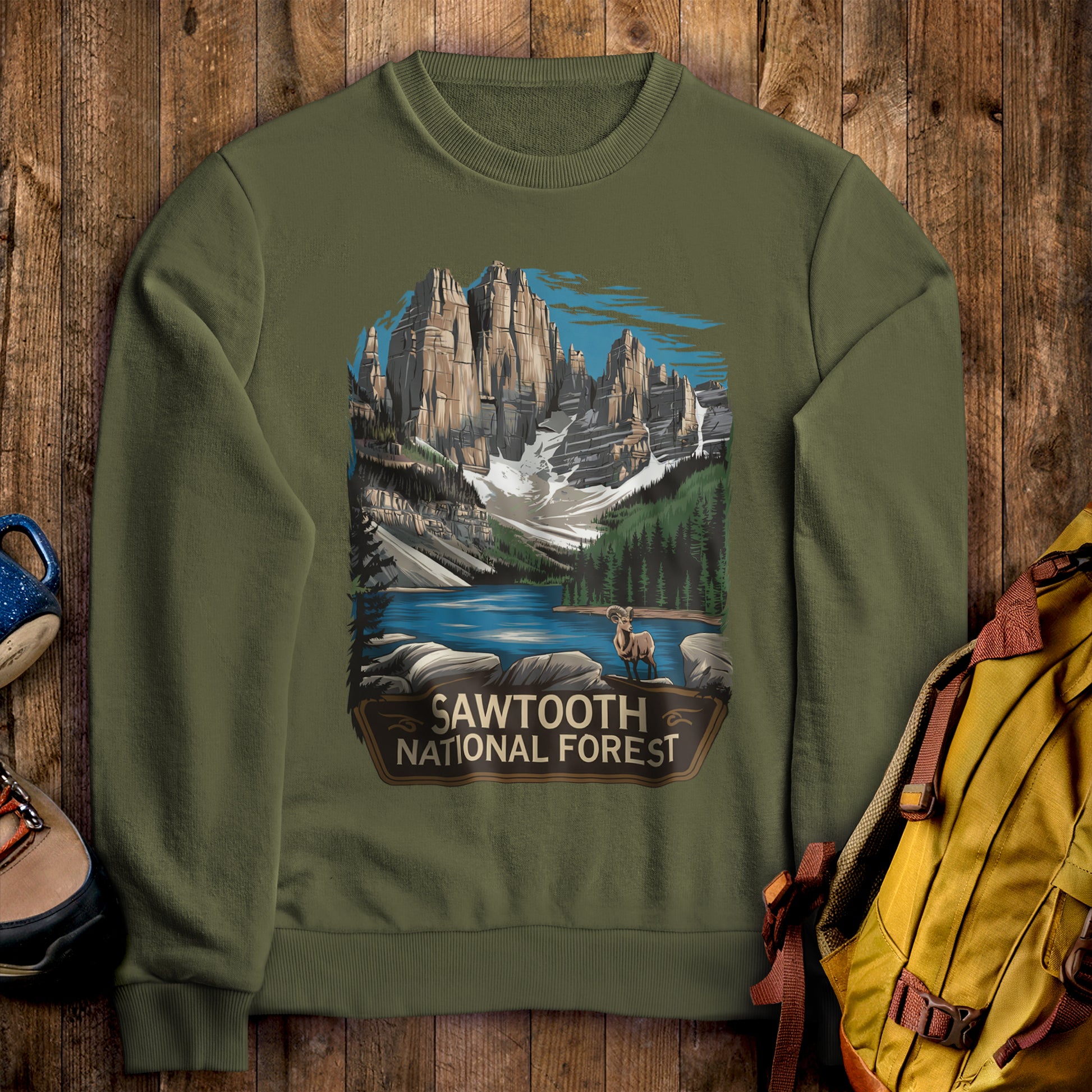 Sawtooth National Forest Crewneck Sweatshirt Military Green Adventure and Outdoors Themed Sweatshirt
