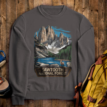 Sawtooth National Forest Crewneck Sweatshirt Charcoal Adventure and Outdoors Themed Sweatshirt
