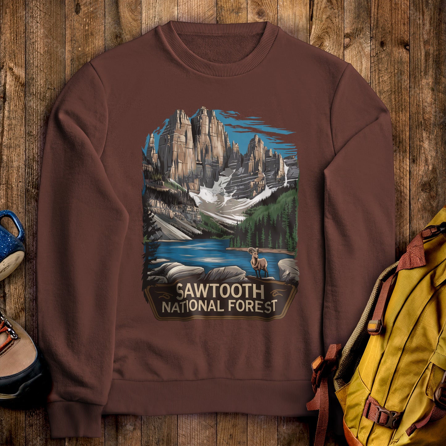 Sawtooth National Forest Crewneck Sweatshirt Cocoa Adventure and Outdoors Themed Sweatshirt