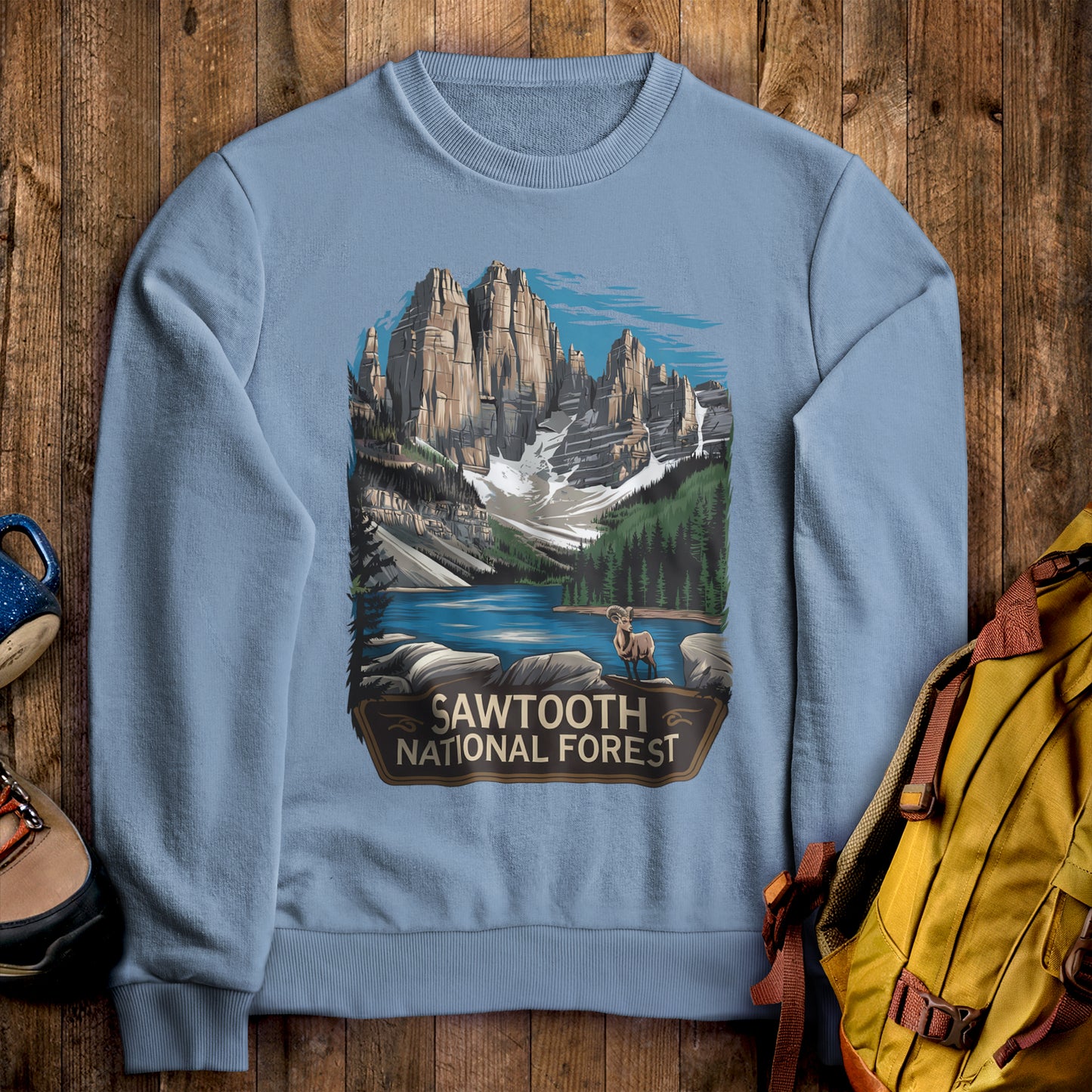 Sawtooth National Forest Crewneck Sweatshirt Stone Blue Adventure and Outdoors Themed Sweatshirt