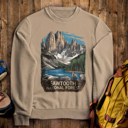 Sawtooth National Forest Crewneck Sweatshirt Sand Adventure and Outdoors Themed Sweatshirt