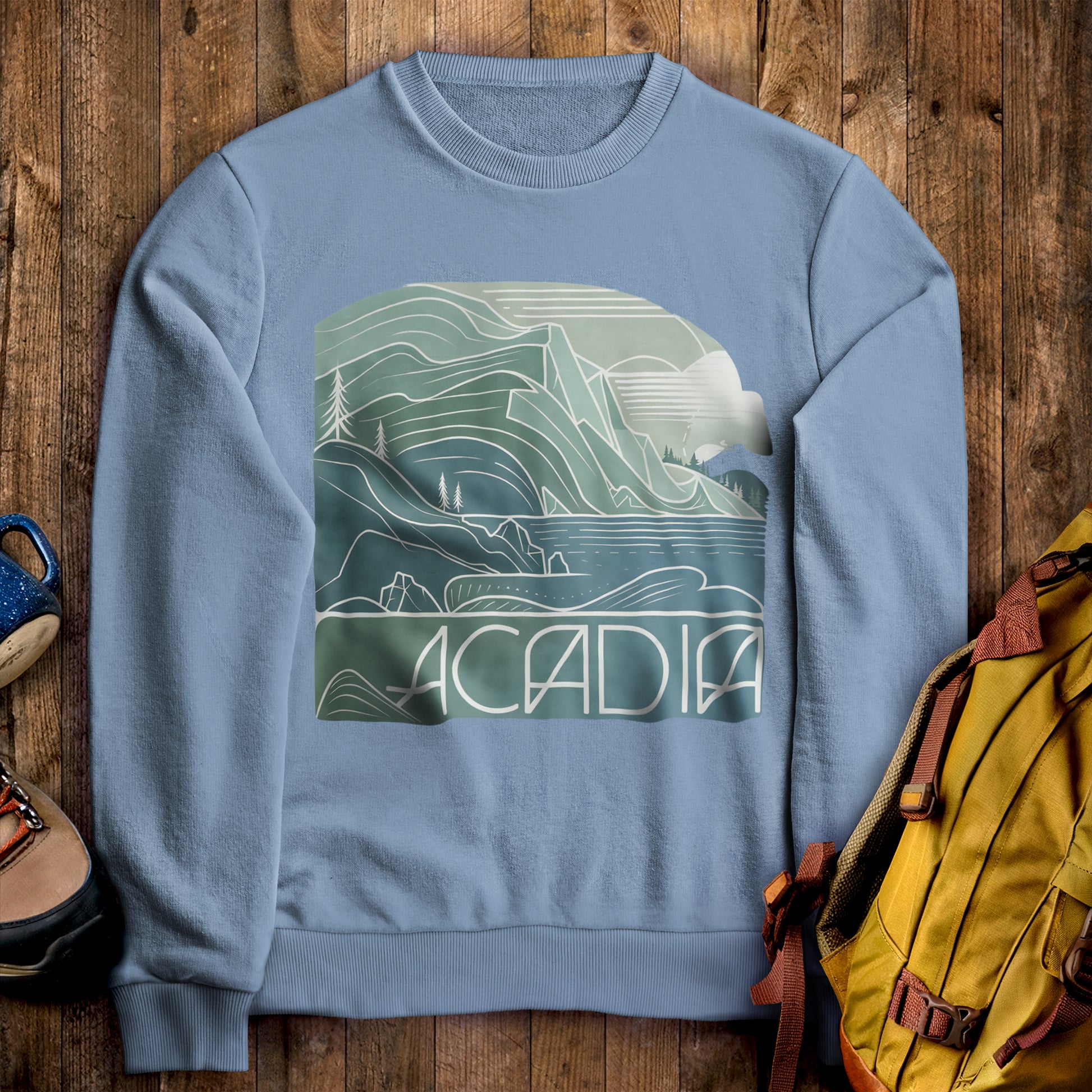 Acadia National Park Crewneck Sweatshirt Stone Blue Adventure and Outdoors Themed Sweatshirt