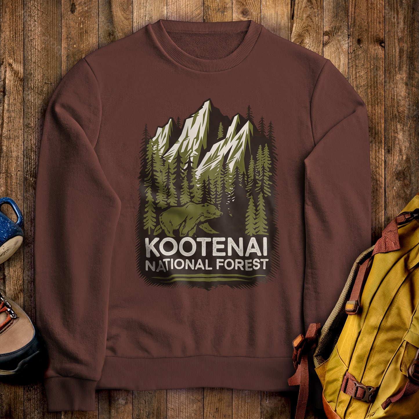 Kootenai National Forest Crewneck Sweatshirt Cocoa Adventure and Outdoors Themed Sweatshirt