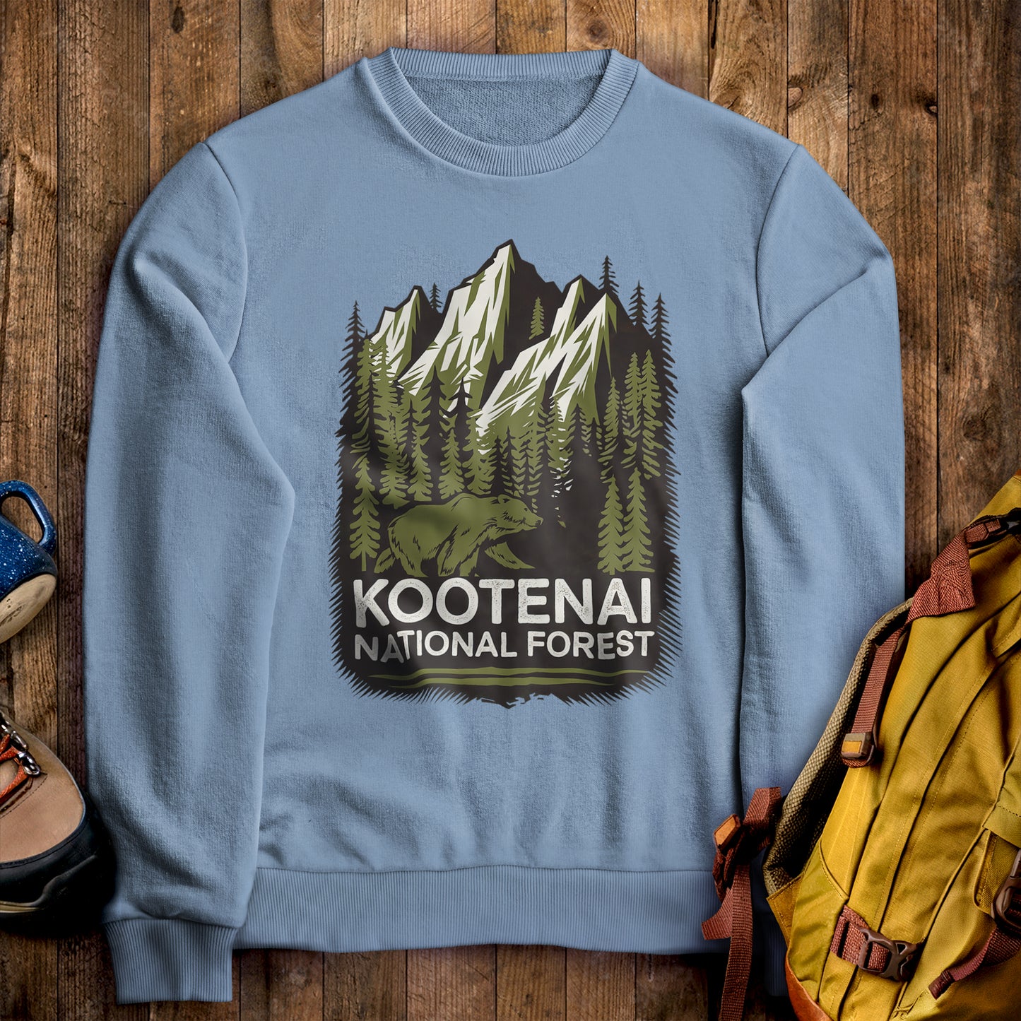 Kootenai National Forest Crewneck Sweatshirt Stone Blue Adventure and Outdoors Themed Sweatshirt