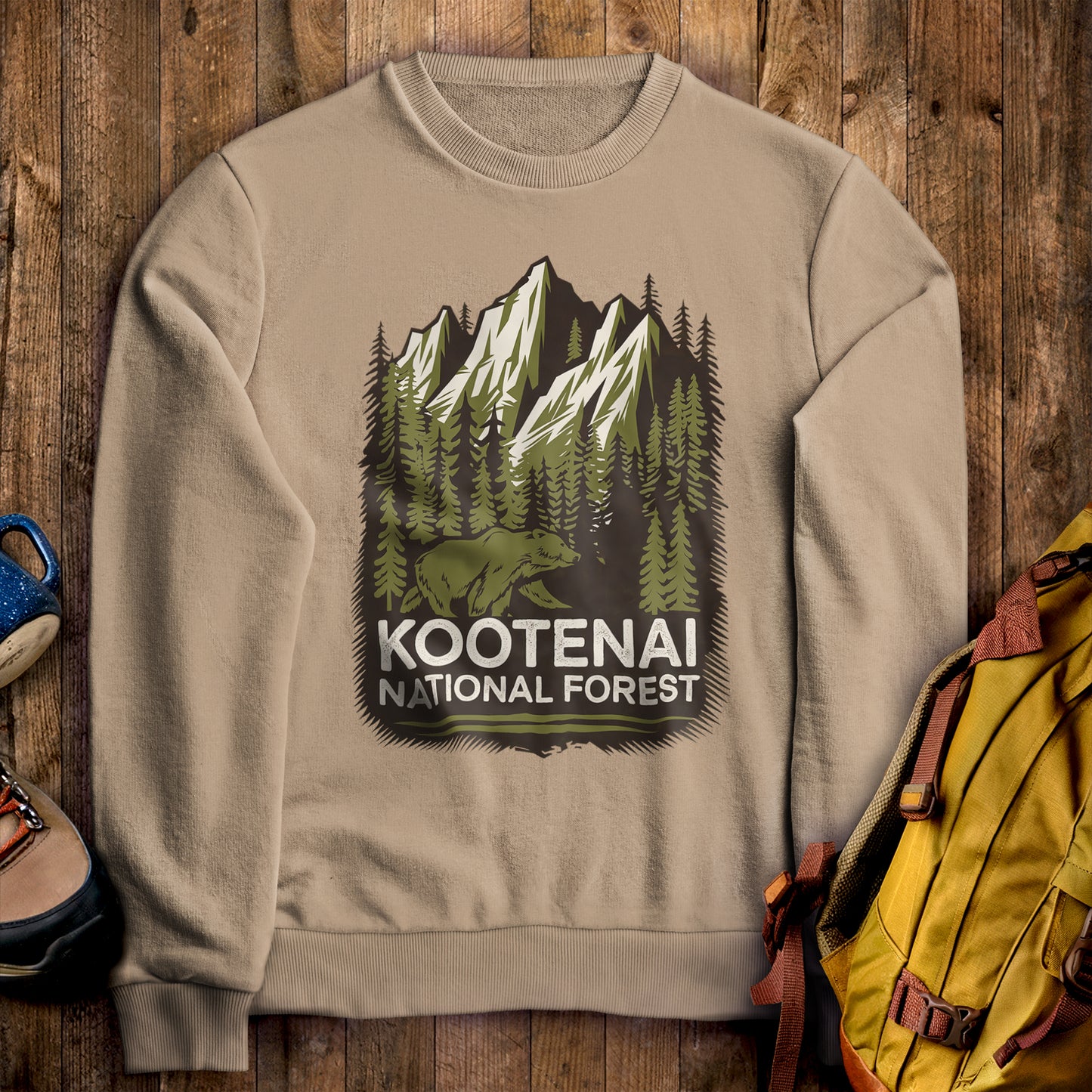 Kootenai National Forest Crewneck Sweatshirt Sand Adventure and Outdoors Themed Sweatshirt