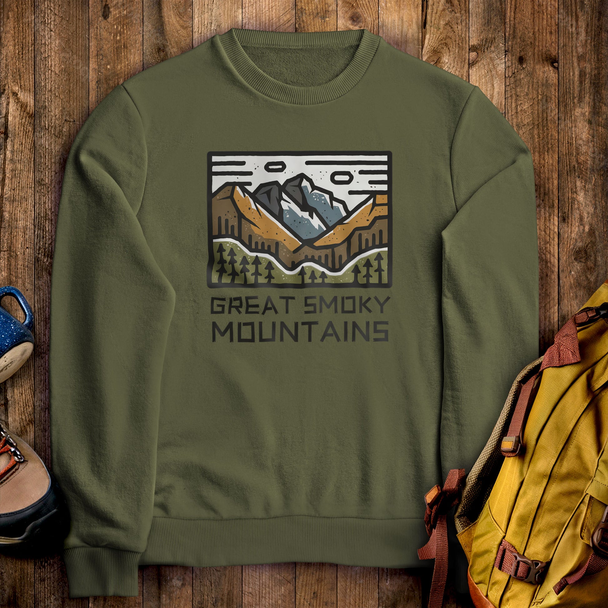 Great Smoky Mountains National Park Crewneck Sweatshirt Military Green Adventure and Outdoors Themed Sweatshirt