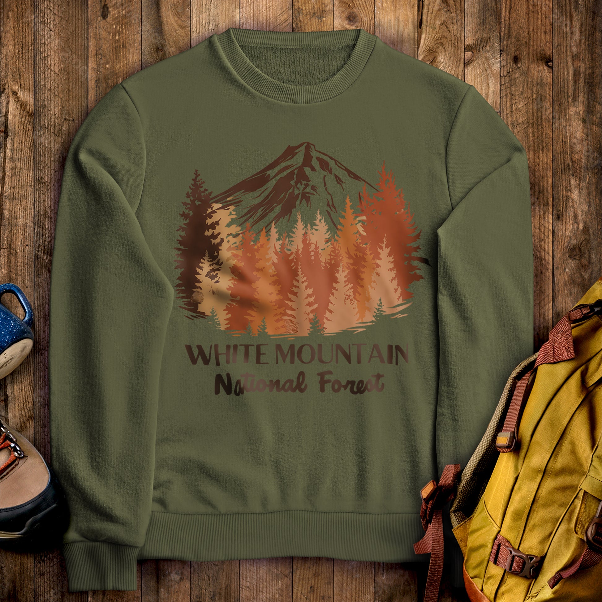 White Mountain National Forest Crewneck Sweatshirt Military Green Adventure and Outdoors Themed Sweatshirt