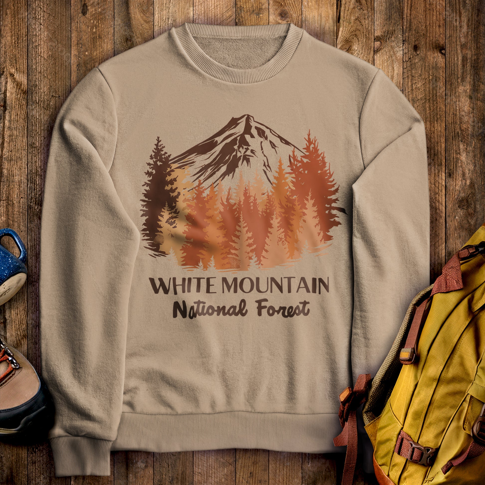 White Mountain National Forest Crewneck Sweatshirt Sand Adventure and Outdoors Themed Sweatshirt