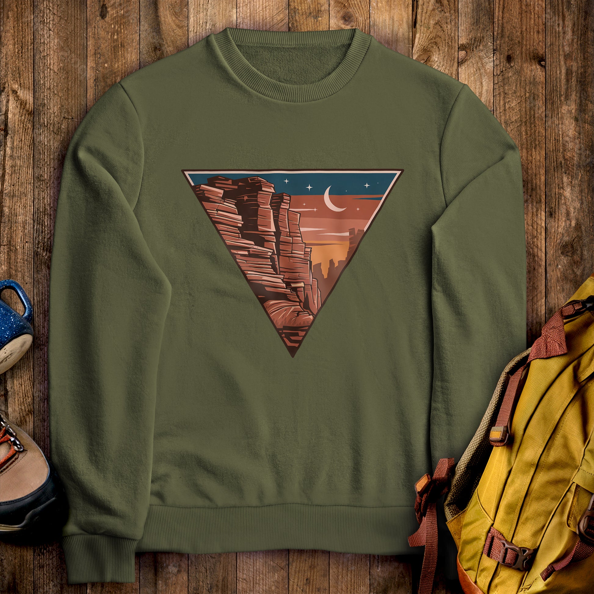 Red Rocks Canyon Crewneck Sweatshirt Military Green Adventure and Outdoors Themed Sweatshirt