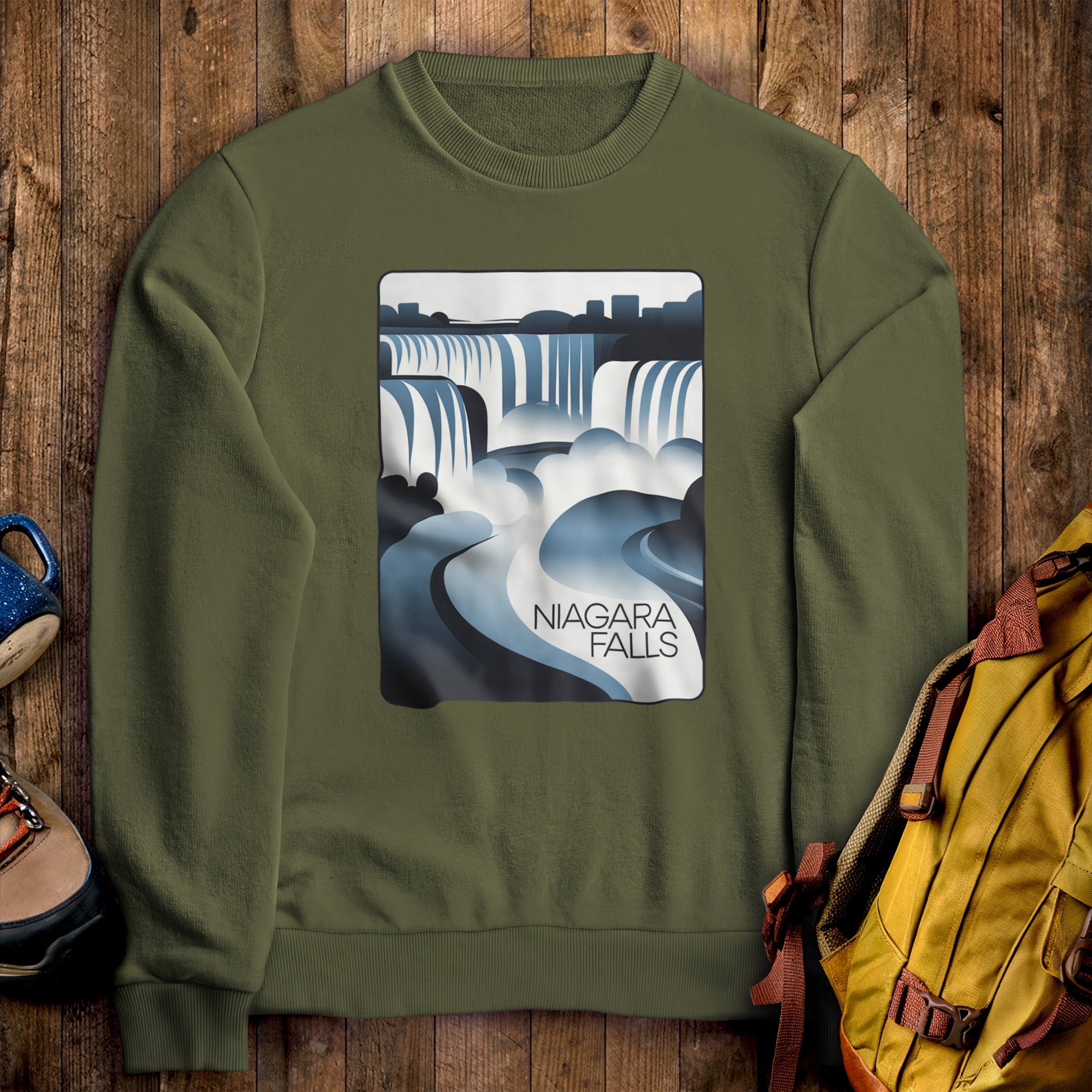 Niagara Falls Modern Crewneck Sweatshirt Military Green Adventure and Outdoors Themed Sweatshirt