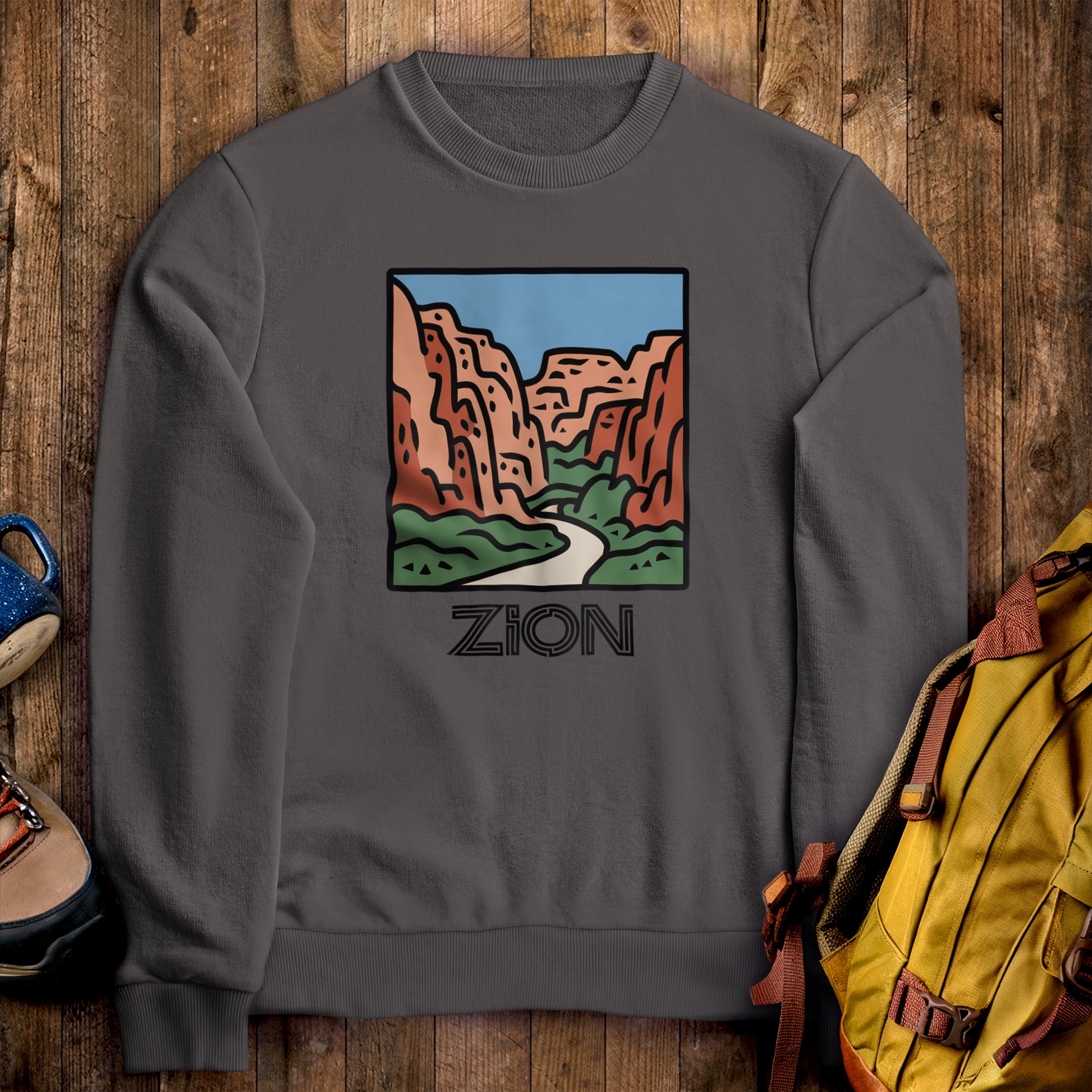 Zion National Park Crewneck Sweatshirt Charcoal Adventure and Outdoors Themed Sweatshirt