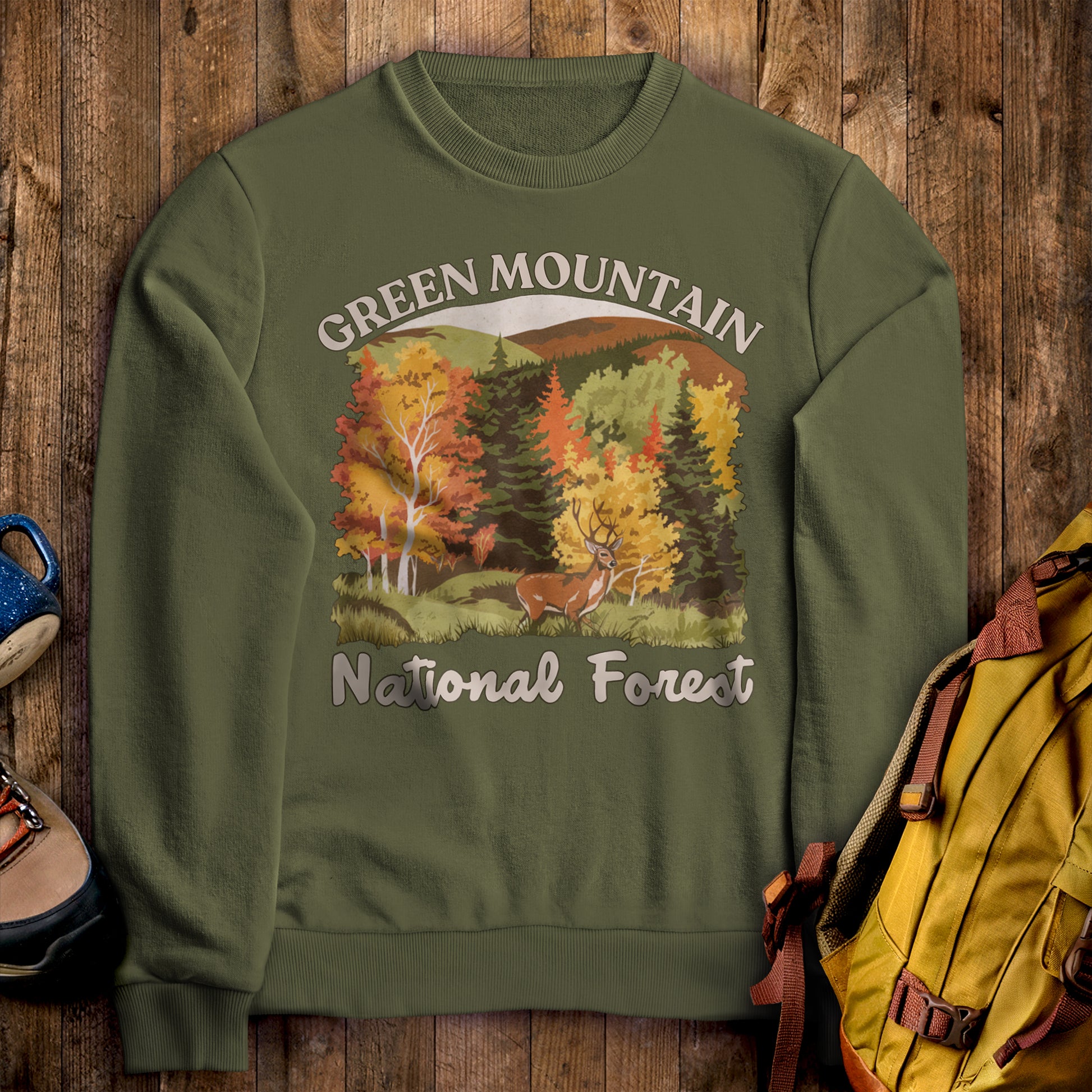 Green Mountain National Forest Crewneck Sweatshirt Military Green Adventure and Outdoors Themed Sweatshirt