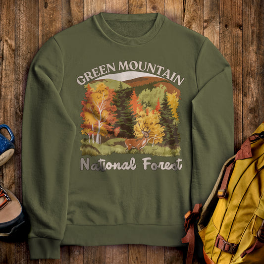Green Mountain National Forest Crewneck Sweatshirt Military Green Adventure and Outdoors Themed Sweatshirt