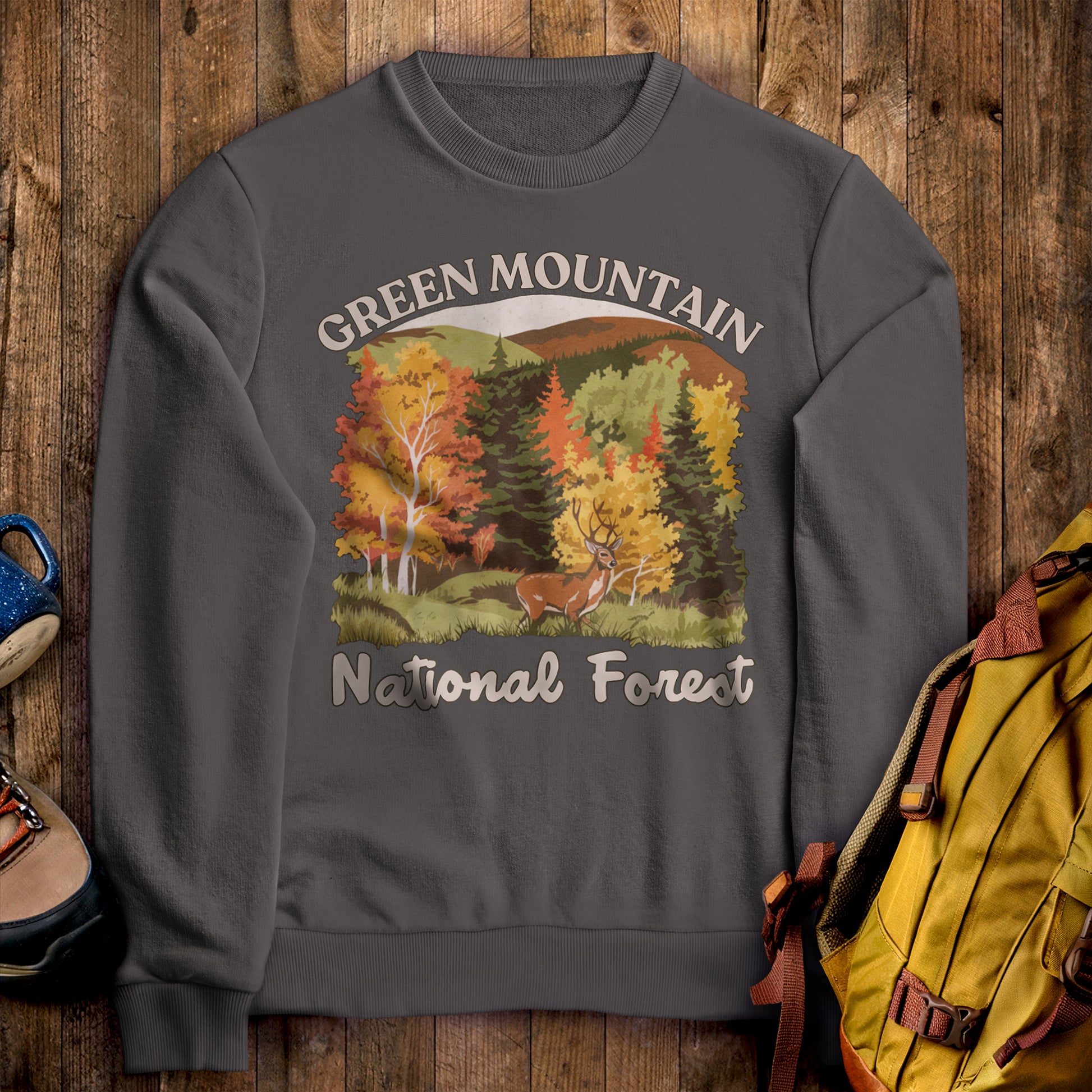 Green Mountain National Forest Crewneck Sweatshirt Charcoal Adventure and Outdoors Themed Sweatshirt