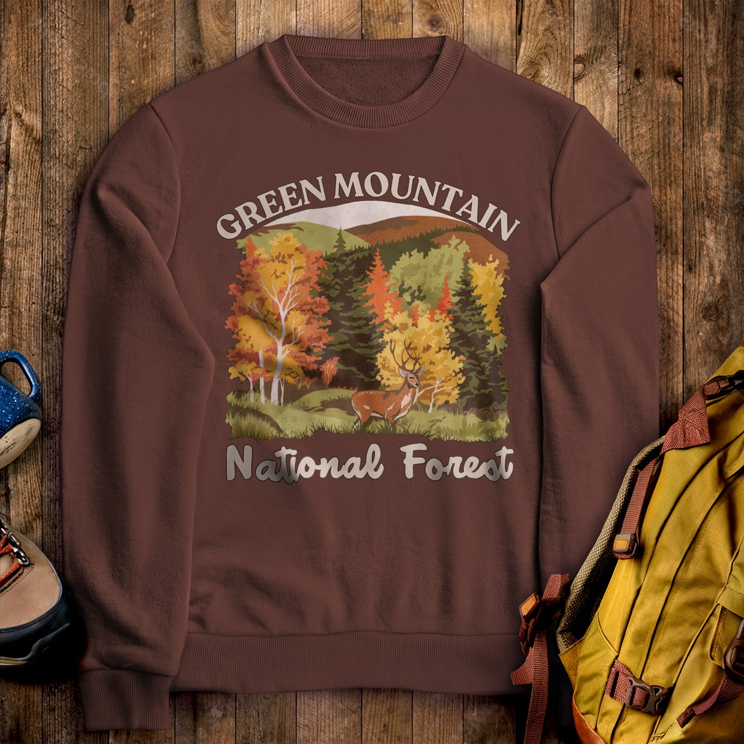 Green Mountain National Forest Crewneck Sweatshirt Cocoa Adventure and Outdoors Themed Sweatshirt