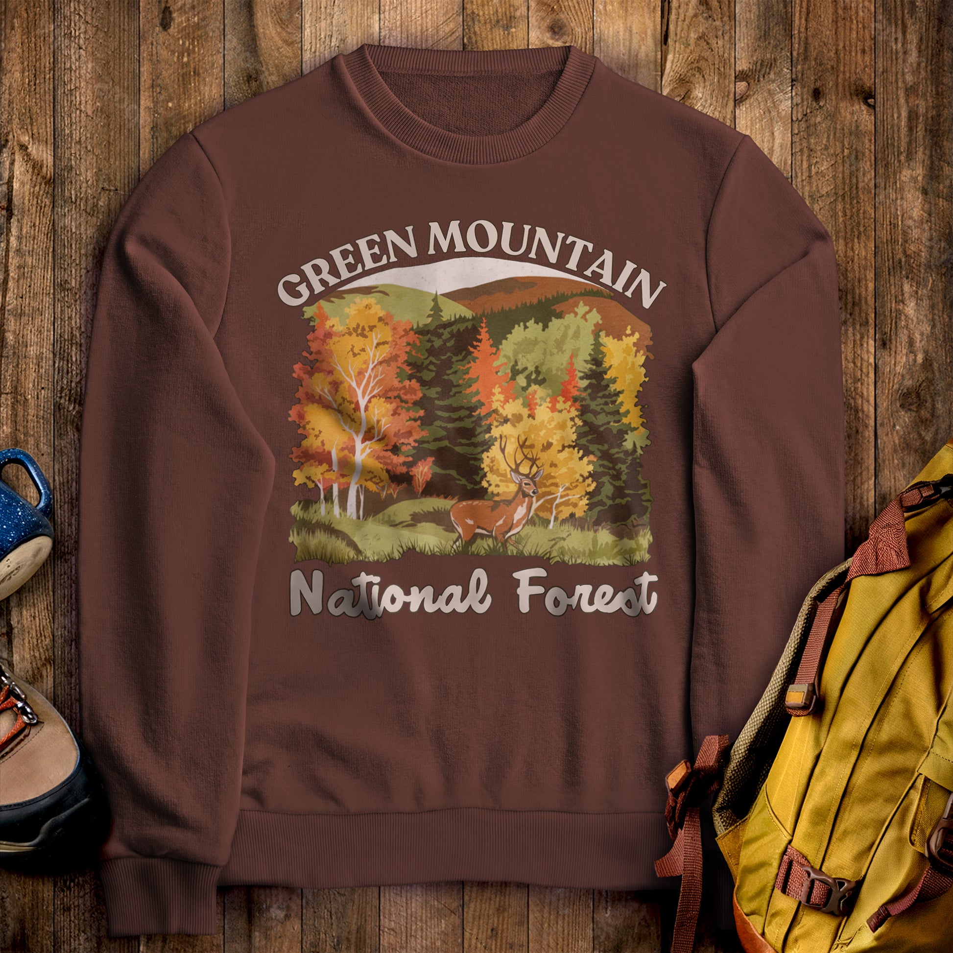 Green Mountain National Forest Crewneck Sweatshirt Cocoa Adventure and Outdoors Themed Sweatshirt