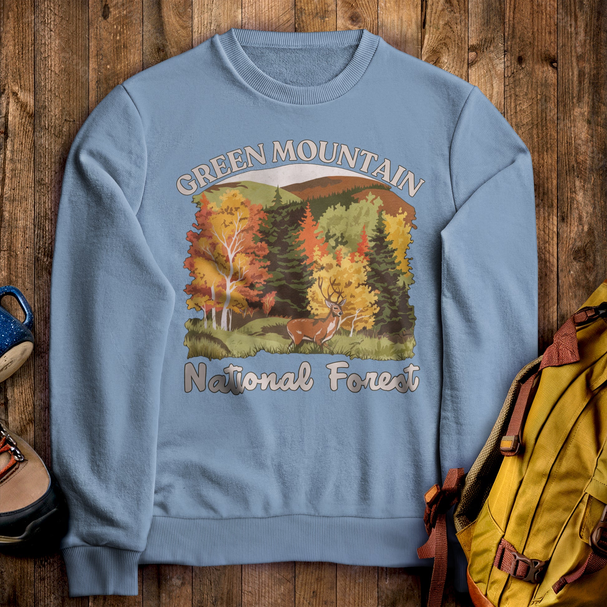 Green Mountain National Forest Crewneck Sweatshirt Stone Blue Adventure and Outdoors Themed Sweatshirt