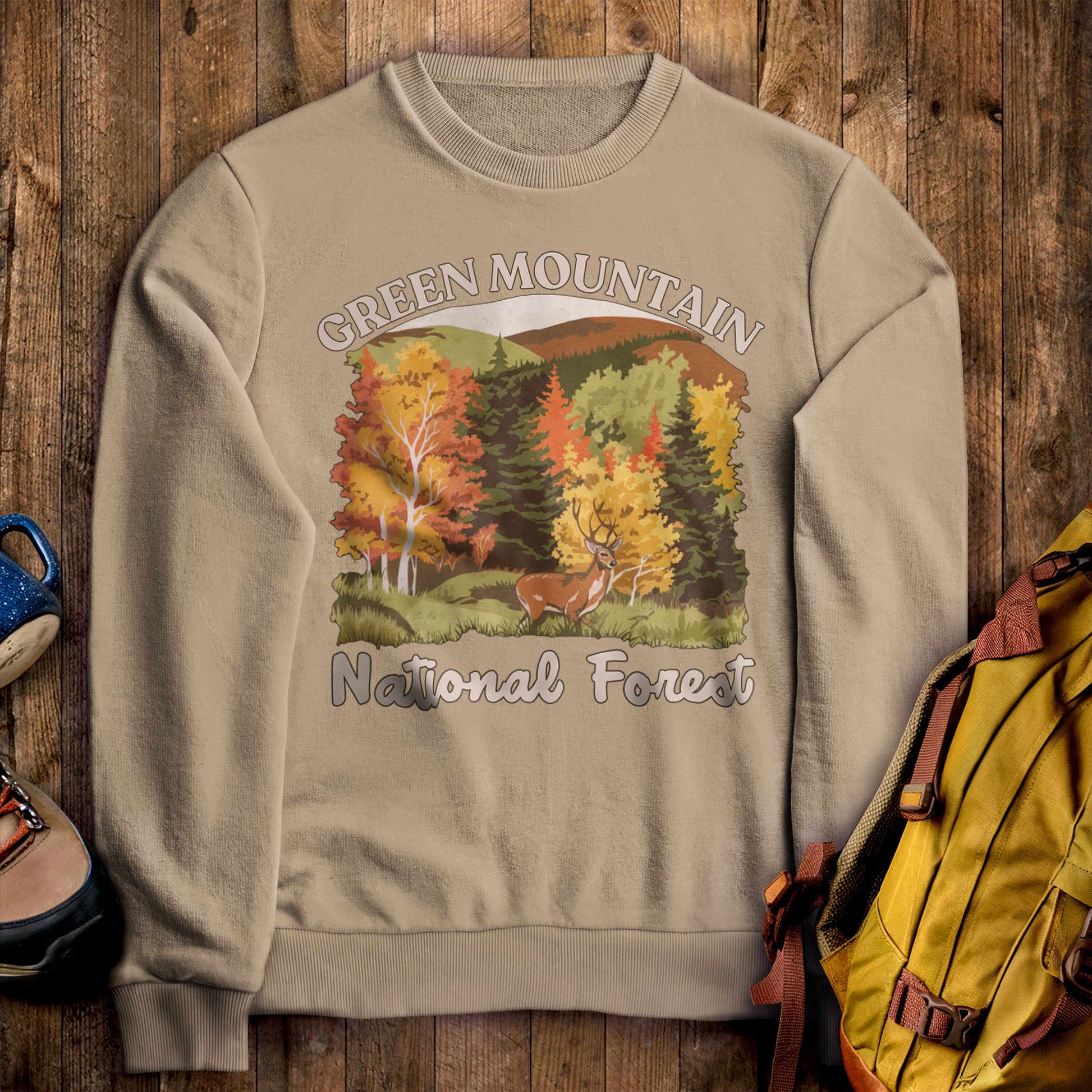 Green Mountain National Forest Crewneck Sweatshirt Sand Adventure and Outdoors Themed Sweatshirt