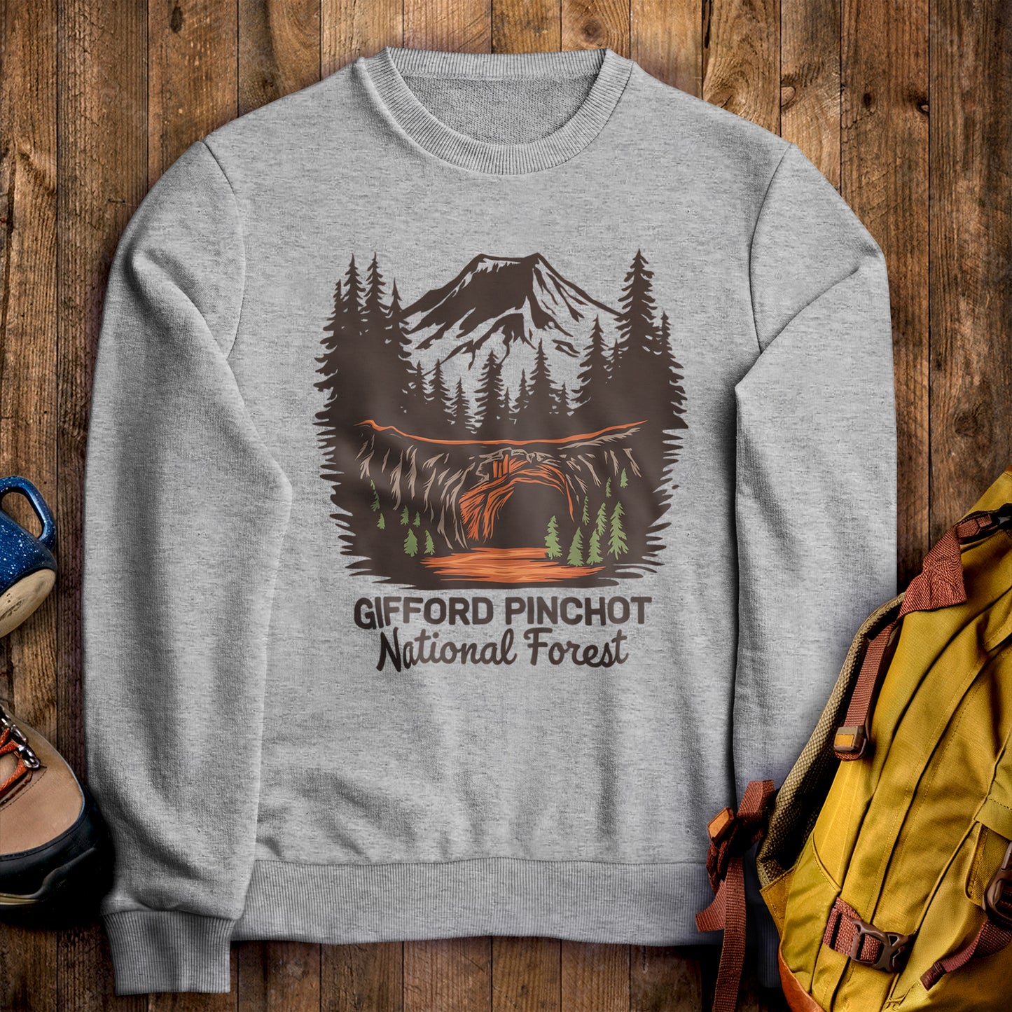 Gifford Pinchot National Forest Crewneck Sweatshirt Sport Grey Adventure and Outdoors Themed Sweatshirt