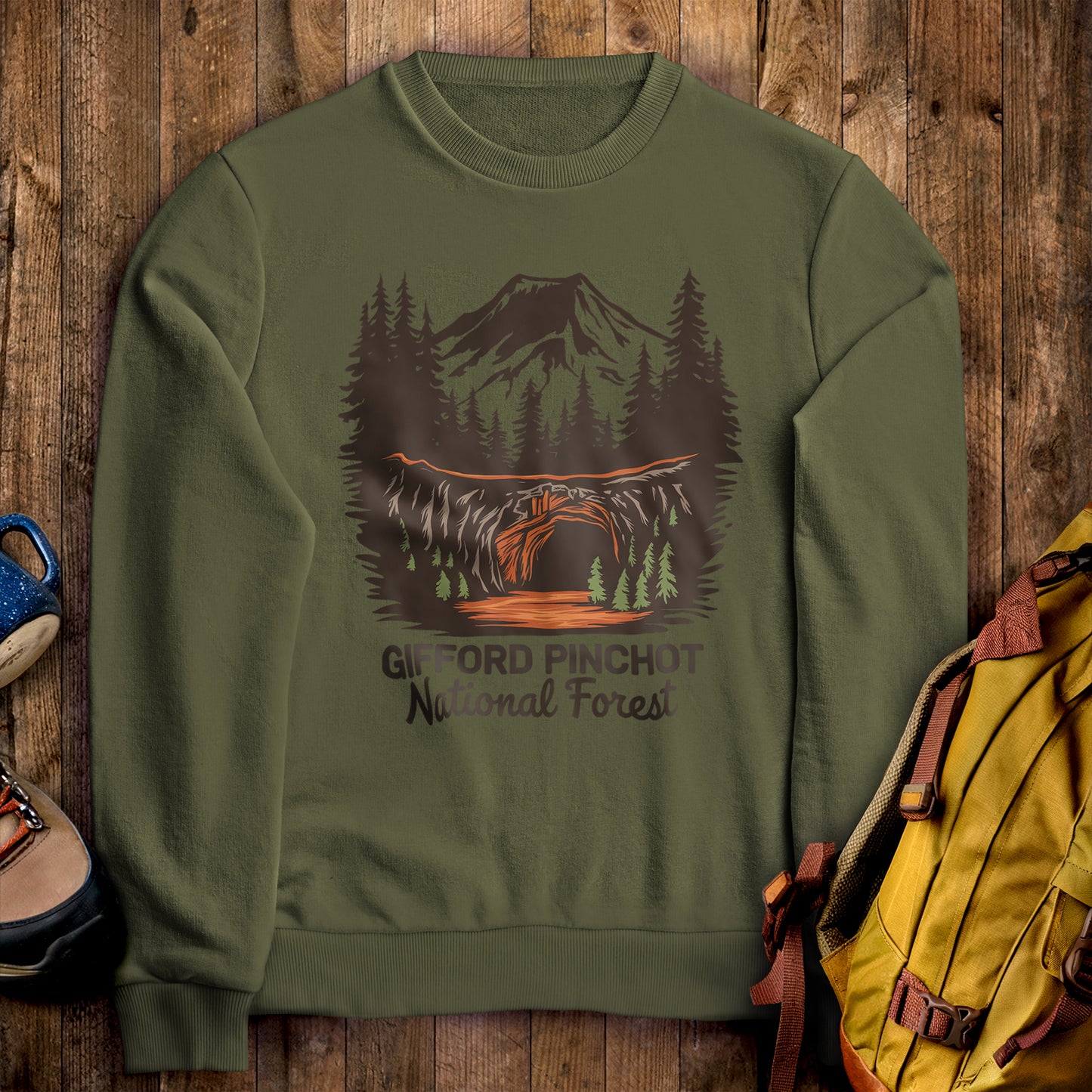 Gifford Pinchot National Forest Crewneck Sweatshirt Military Green Adventure and Outdoors Themed Sweatshirt