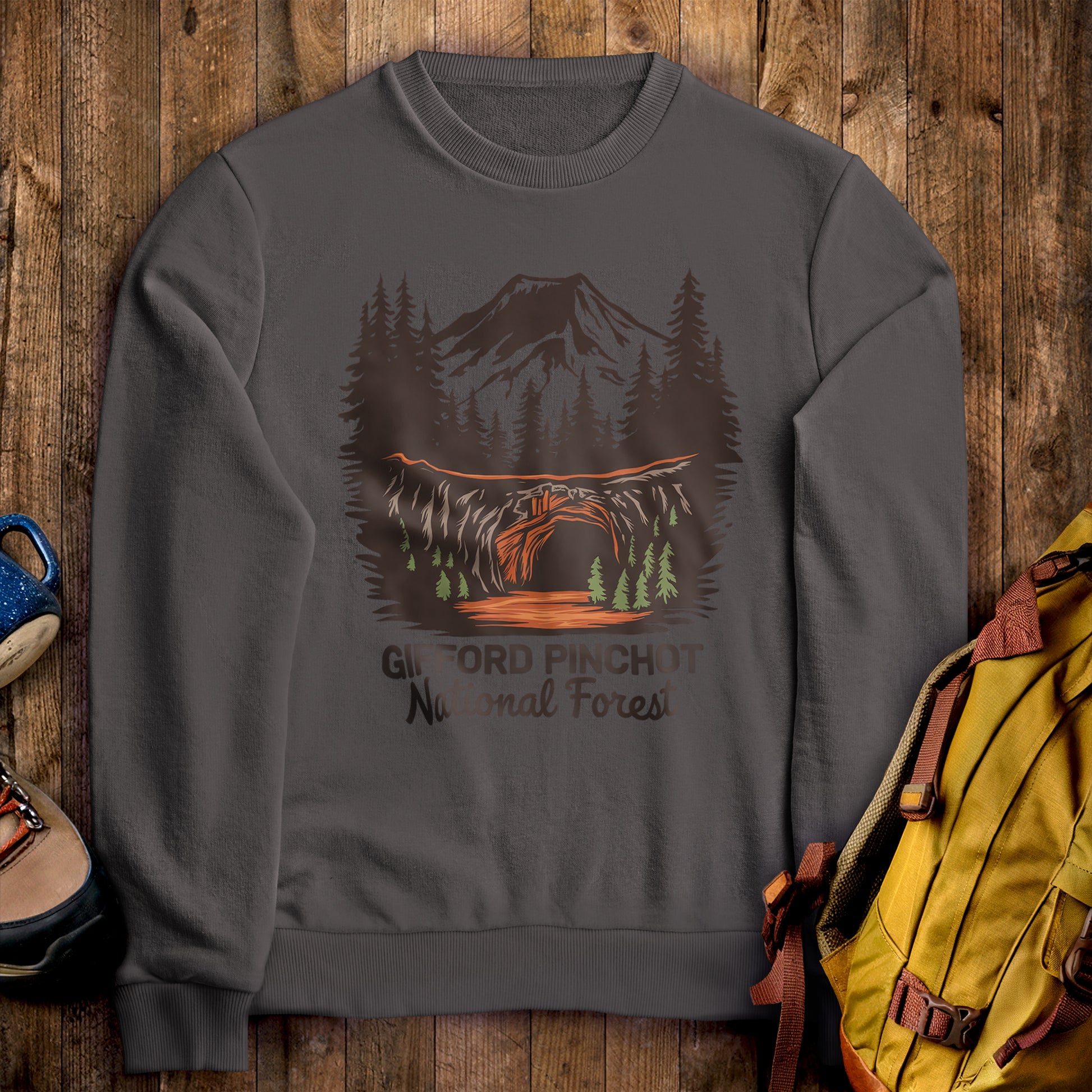 Gifford Pinchot National Forest Crewneck Sweatshirt Charcoal Adventure and Outdoors Themed Sweatshirt