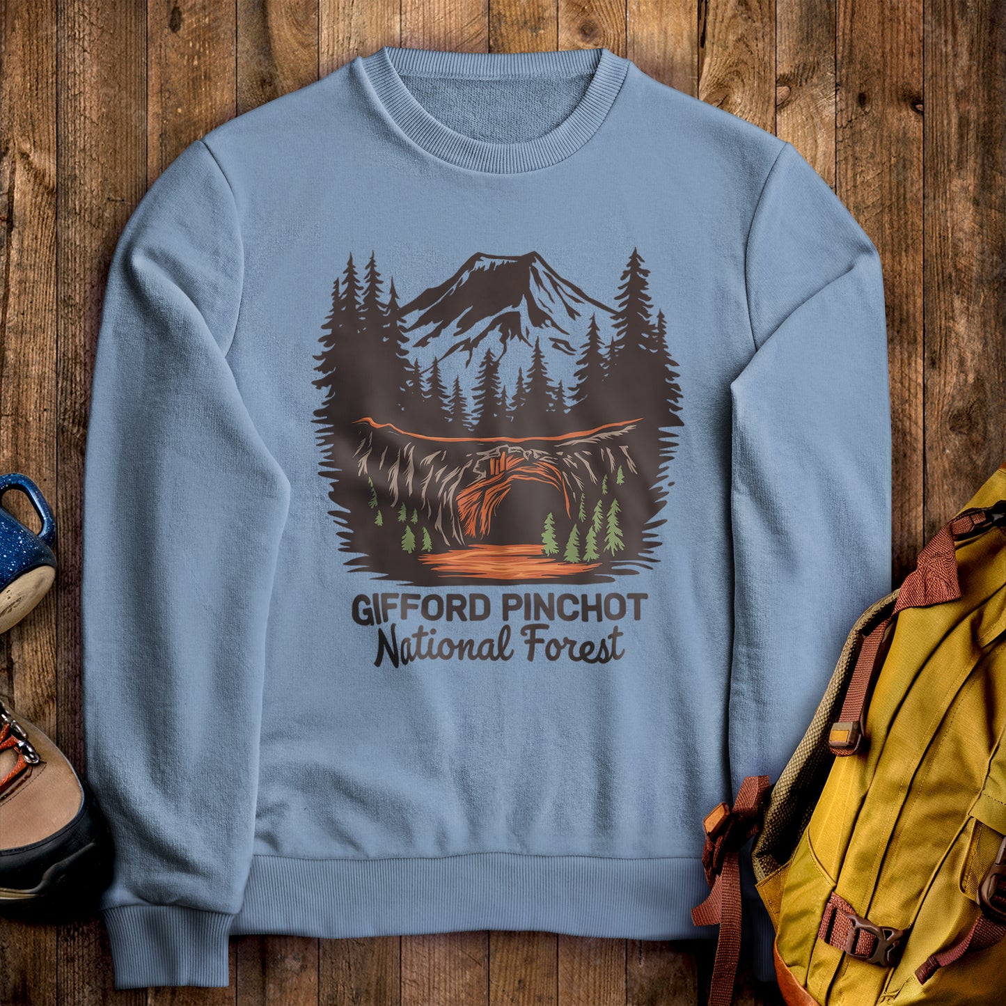 Gifford Pinchot National Forest Crewneck Sweatshirt Stone Blue Adventure and Outdoors Themed Sweatshirt