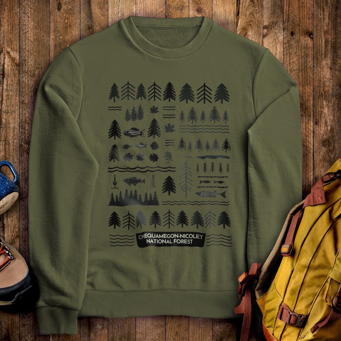 Chequamegon-Nicolet National Forest Crewneck Sweatshirt Military Green Adventure and Outdoors Themed Sweatshirt