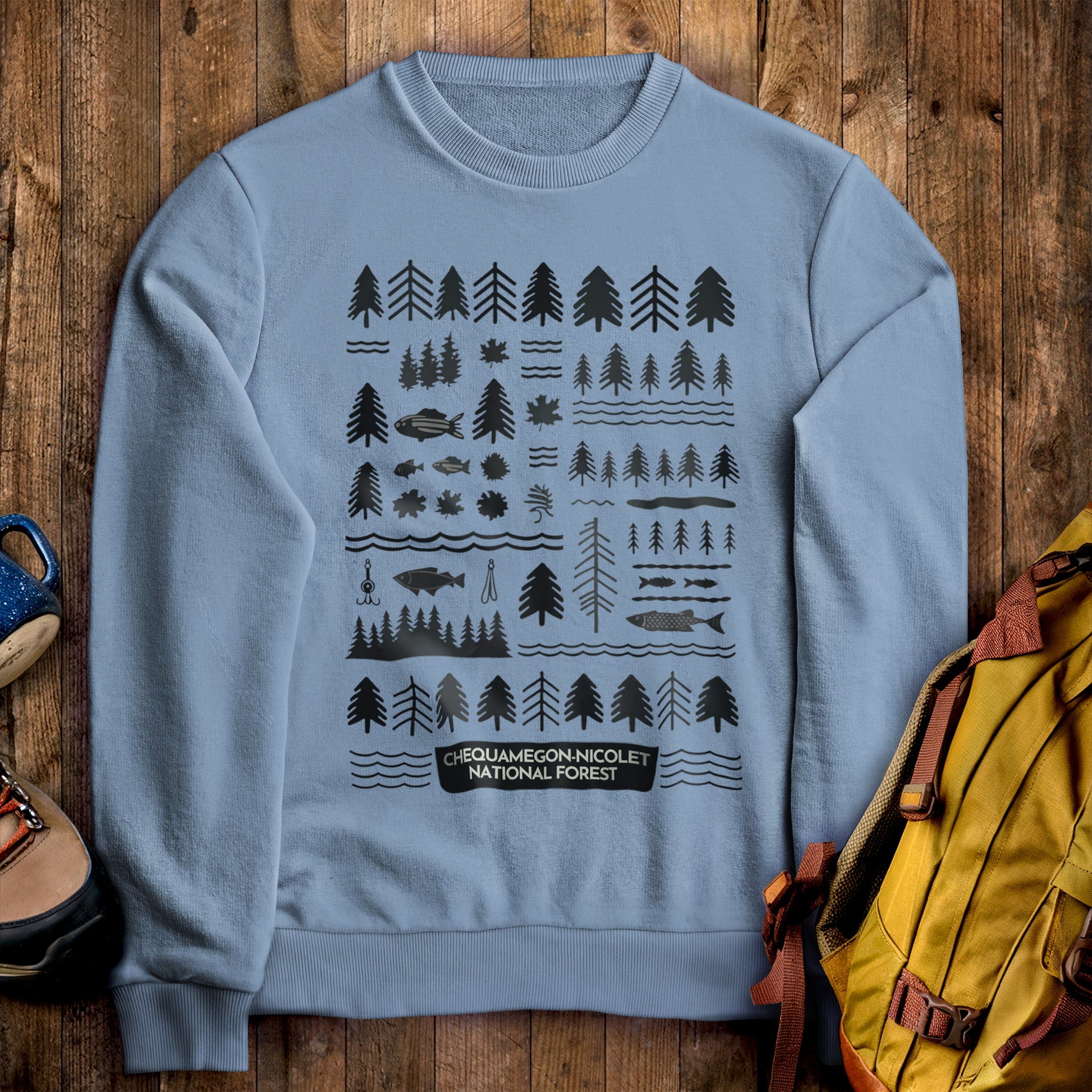 Chequamegon-Nicolet National Forest Crewneck Sweatshirt Stone Blue Adventure and Outdoors Themed Sweatshirt